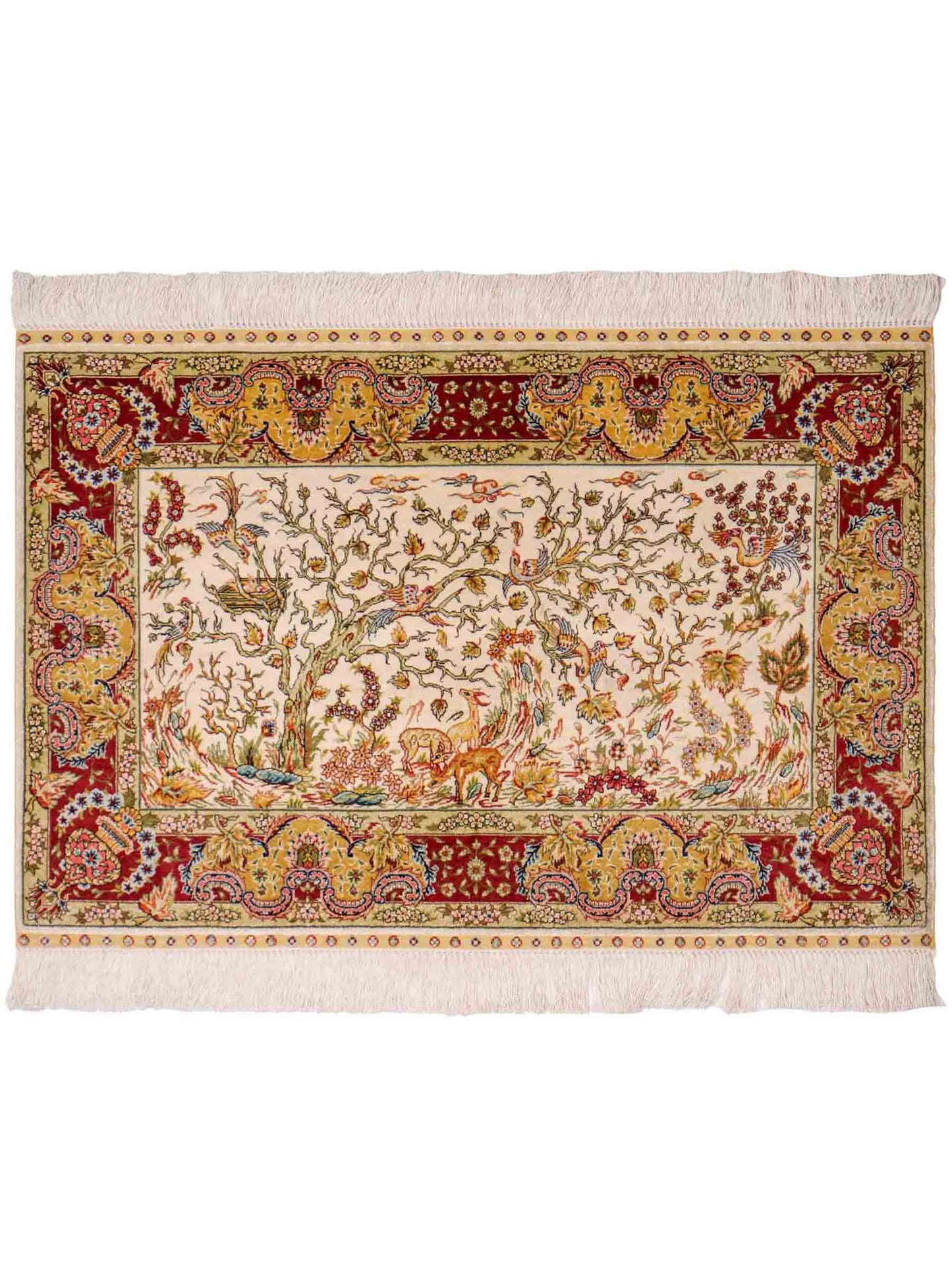 Sehr feiner, handgeknüpfter Khademi Orientteppich mit Ghom Design aus reiner Seide, gold, creme, weiß, rot, beige. 94x62 cm. Vertrieb durch Jupiter Intl.