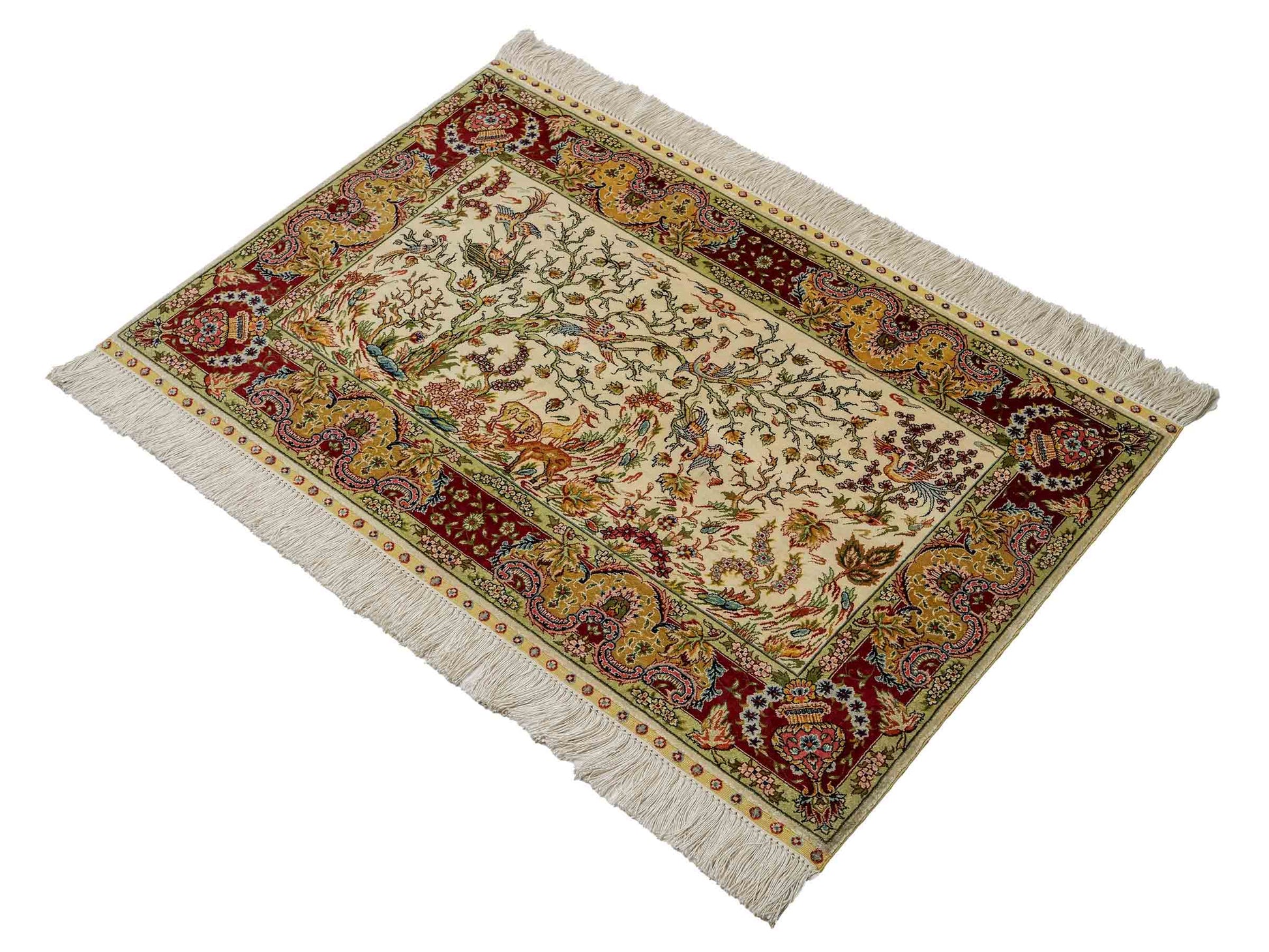 Sehr feiner, handgeknüpfter Khademi Orientteppich mit Ghom Design aus reiner Seide, gold, creme, weiß, rot, beige. 94x62 cm. Vertrieb durch Jupiter Intl.
