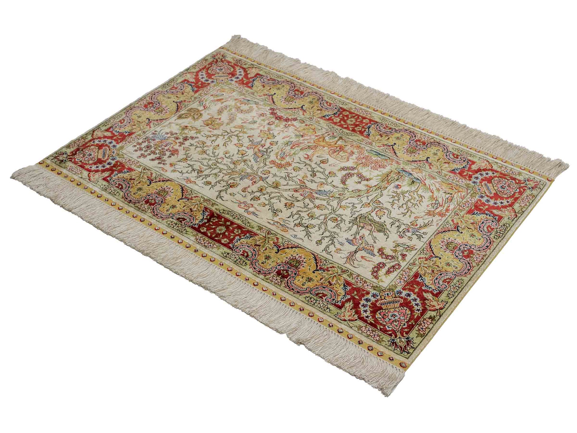Sehr feiner, handgeknüpfter Khademi Orientteppich mit Ghom Design aus reiner Seide, gold, creme, weiß, rot, beige. 94x62 cm. Vertrieb durch Jupiter Intl.