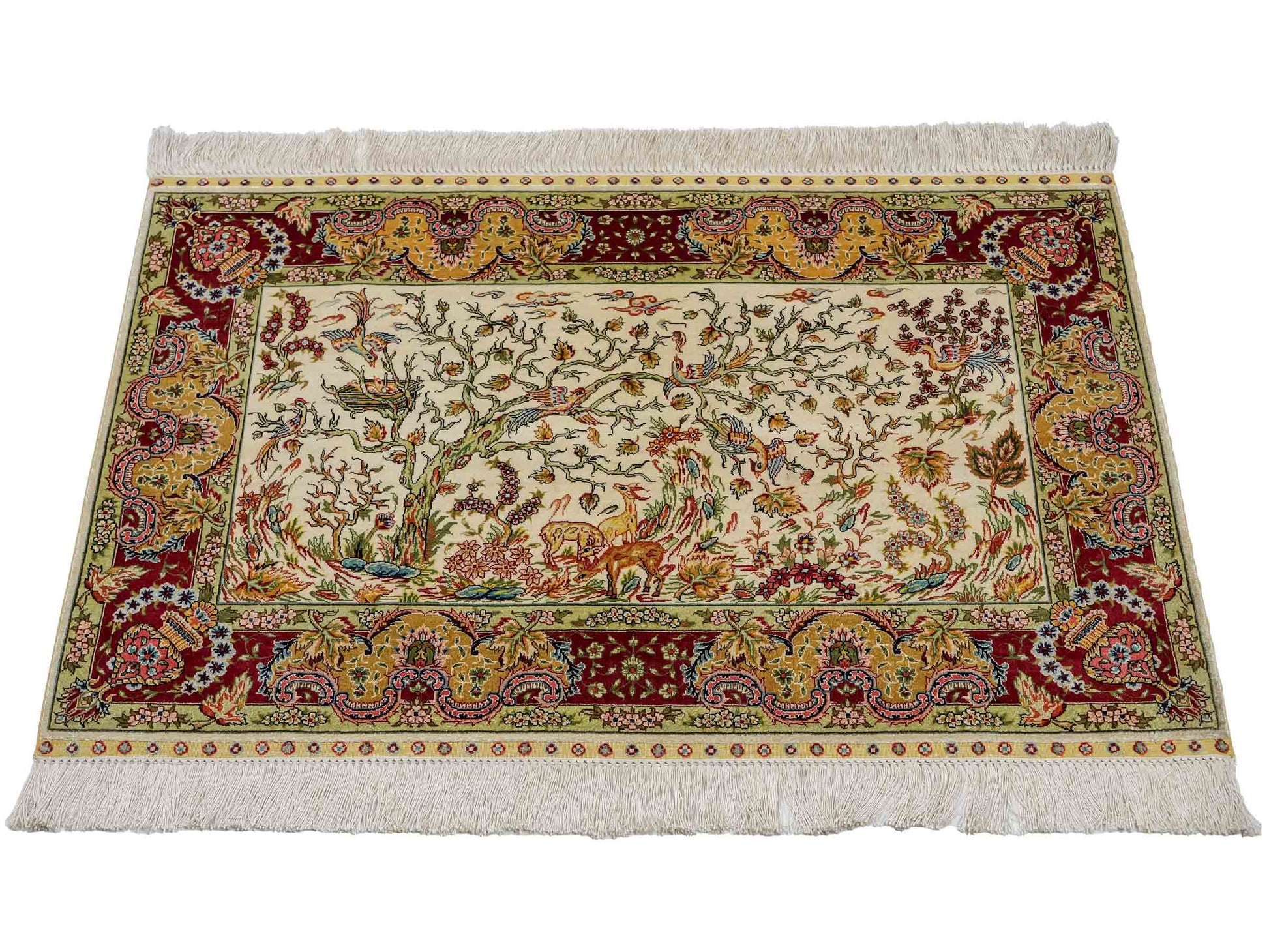 Sehr feiner, handgeknüpfter Khademi Orientteppich mit Ghom Design aus reiner Seide, gold, creme, weiß, rot, beige. 94x62 cm. Vertrieb durch Jupiter Intl.