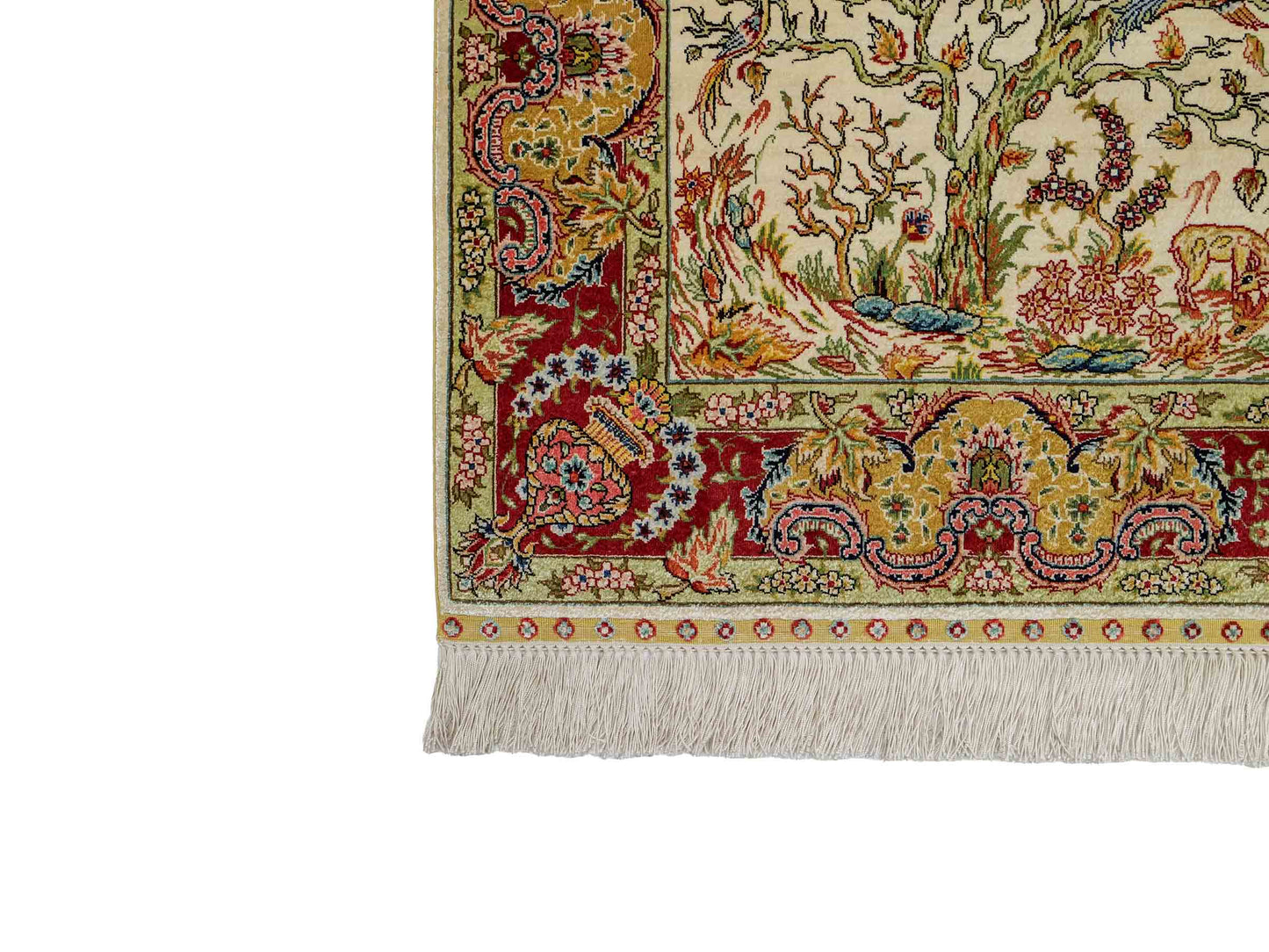 Sehr feiner, handgeknüpfter Khademi Orientteppich mit Ghom Design aus reiner Seide, gold, creme, weiß, rot, beige. 94x62 cm. Vertrieb durch Jupiter Intl.
