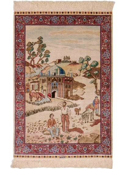 Sehr feiner, handgeknüpfter Khademi Orientteppich mit Ghom Design aus reiner Seide, creme, weiß, rosa. 94x63 cm. Vertrieb durch Jupiter Intl.