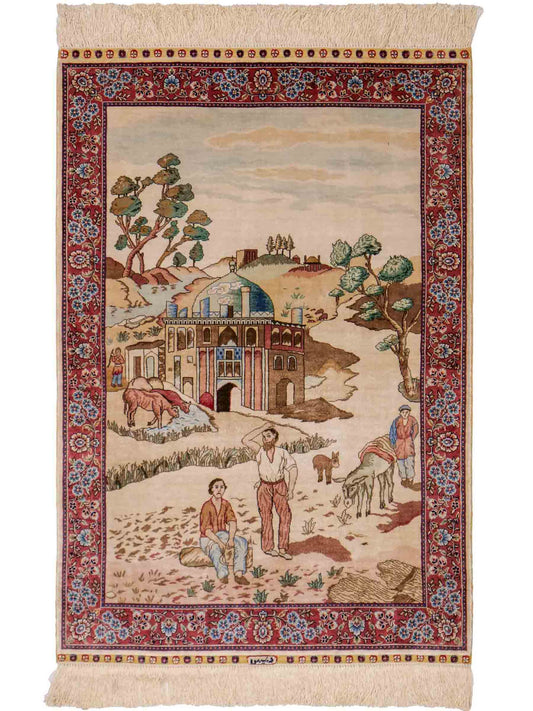 Sehr feiner, handgeknüpfter Khademi Orientteppich mit Ghom Design aus reiner Seide, creme, weiß, rosa. 94x63 cm. Vertrieb durch Jupiter Intl.