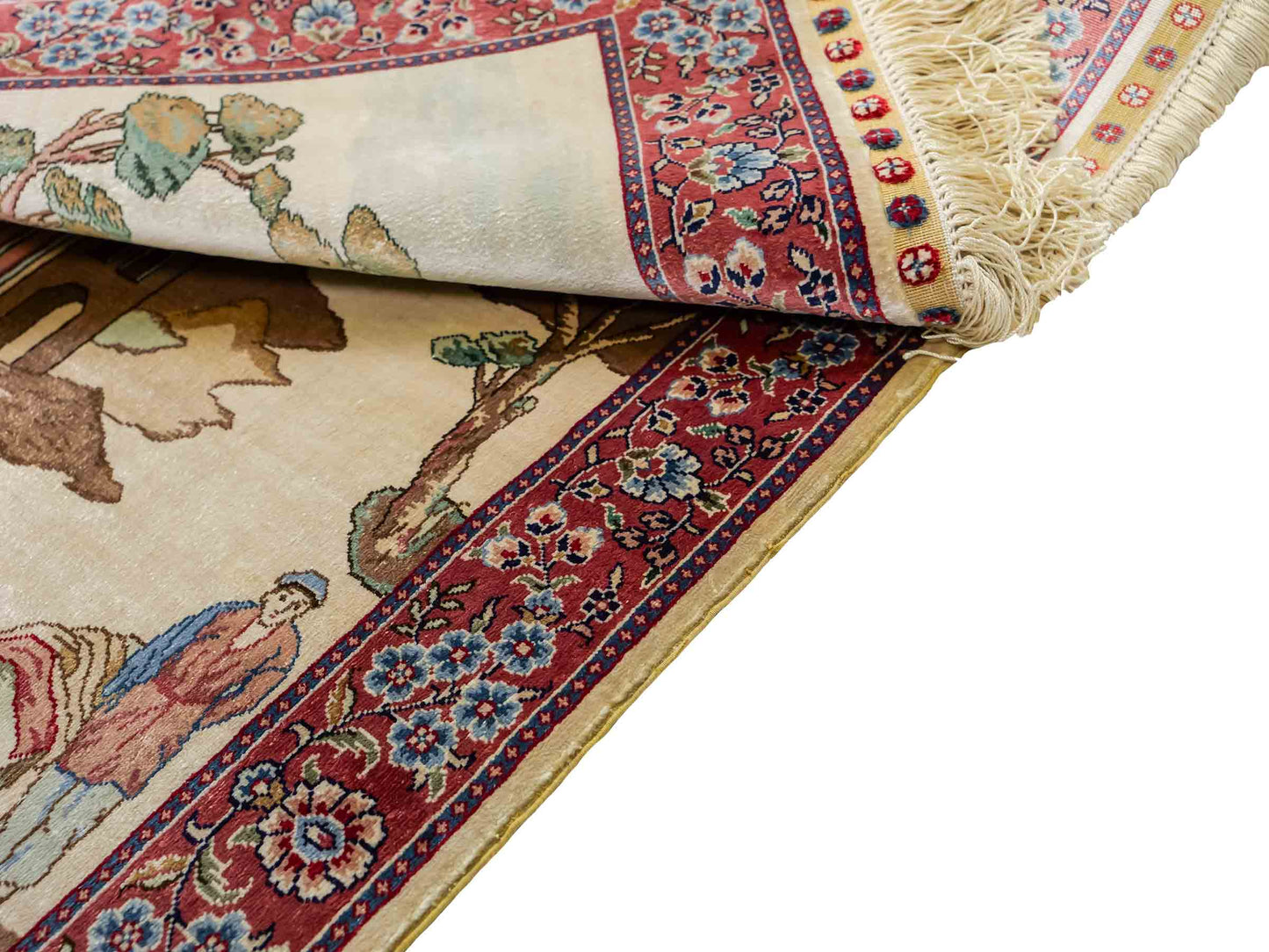 Sehr feiner, handgeknüpfter Khademi Orientteppich mit Ghom Design aus reiner Seide, creme, weiß, rosa. 94x63 cm. Vertrieb durch Jupiter Intl.