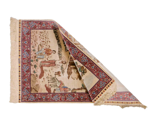 Sehr feiner, handgeknüpfter Khademi Orientteppich mit Ghom Design aus reiner Seide, creme, weiß, rosa. 94x63 cm. Vertrieb durch Jupiter Intl.