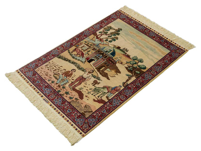 Sehr feiner, handgeknüpfter Khademi Orientteppich mit Ghom Design aus reiner Seide, creme, weiß, rosa. 94x63 cm. Vertrieb durch Jupiter Intl.