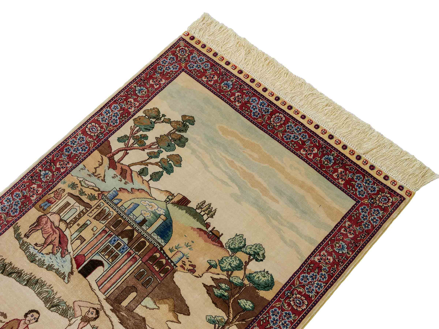 Sehr feiner, handgeknüpfter Khademi Orientteppich mit Ghom Design aus reiner Seide, creme, weiß, rosa. 94x63 cm. Vertrieb durch Jupiter Intl.