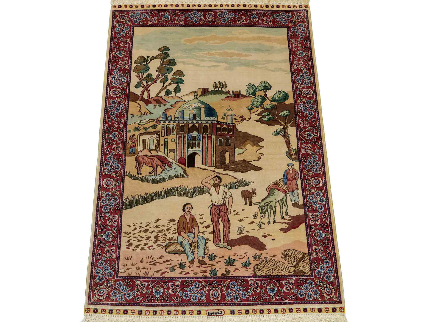 Sehr feiner, handgeknüpfter Khademi Orientteppich mit Ghom Design aus reiner Seide, creme, weiß, rosa. 94x63 cm. Vertrieb durch Jupiter Intl.