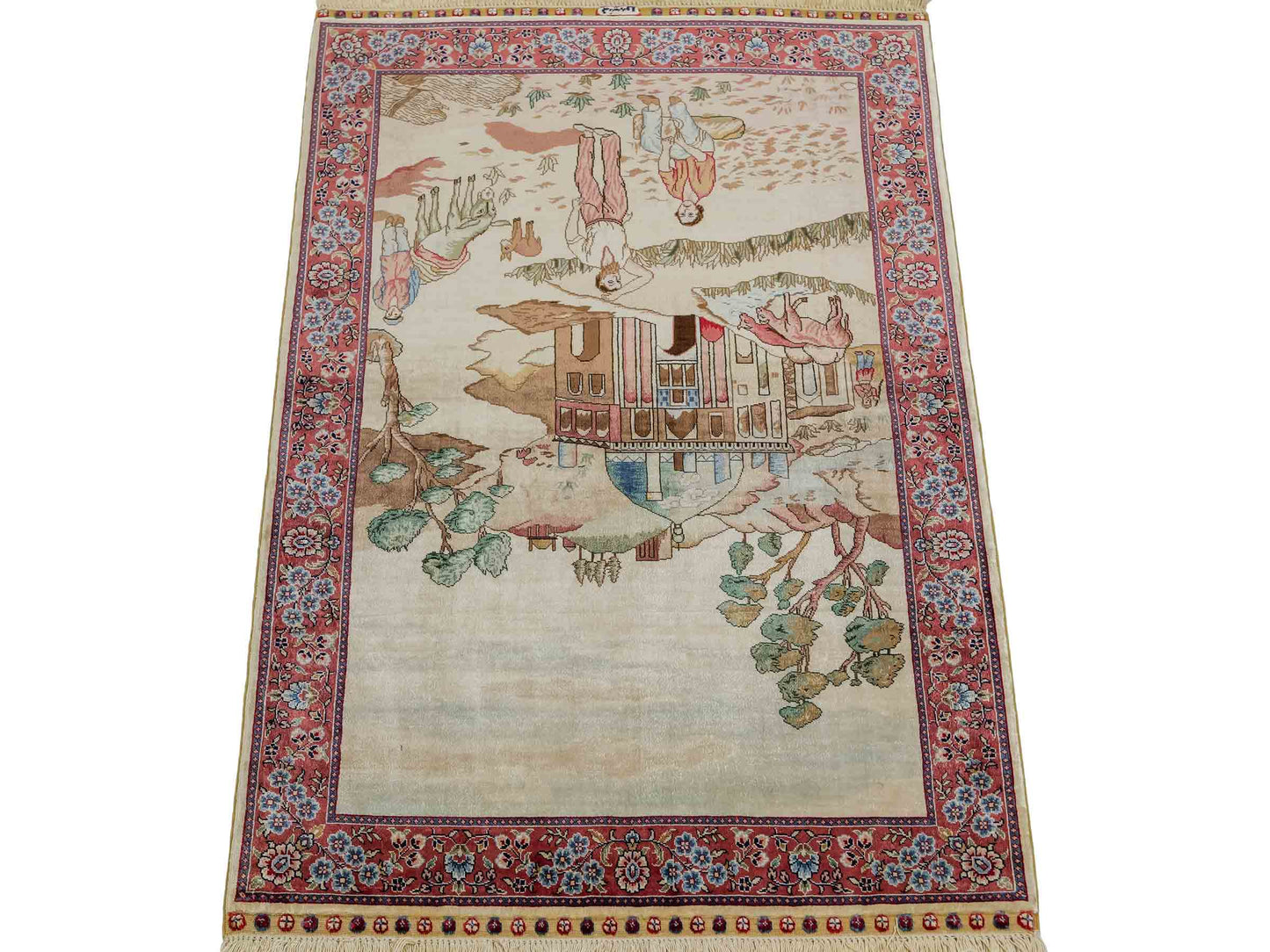 Sehr feiner, handgeknüpfter Khademi Orientteppich mit Ghom Design aus reiner Seide, creme, weiß, rosa. 94x63 cm. Vertrieb durch Jupiter Intl.