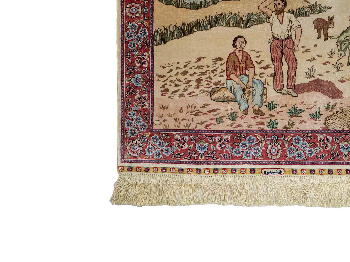 Sehr feiner, handgeknüpfter Khademi Orientteppich mit Ghom Design aus reiner Seide, creme, weiß, rosa. 94x63 cm. Vertrieb durch Jupiter Intl.
