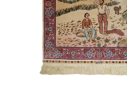 Sehr feiner, handgeknüpfter Khademi Orientteppich mit Ghom Design aus reiner Seide, creme, weiß, rosa. 94x63 cm. Vertrieb durch Jupiter Intl.