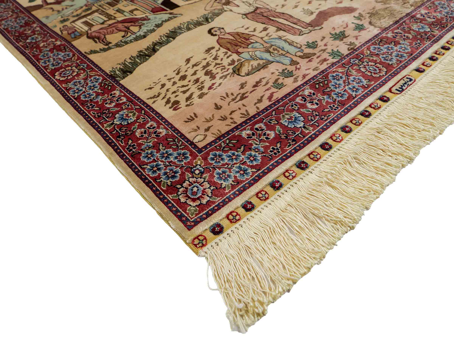 Sehr feiner, handgeknüpfter Khademi Orientteppich mit Ghom Design aus reiner Seide, creme, weiß, rosa. 94x63 cm. Vertrieb durch Jupiter Intl.