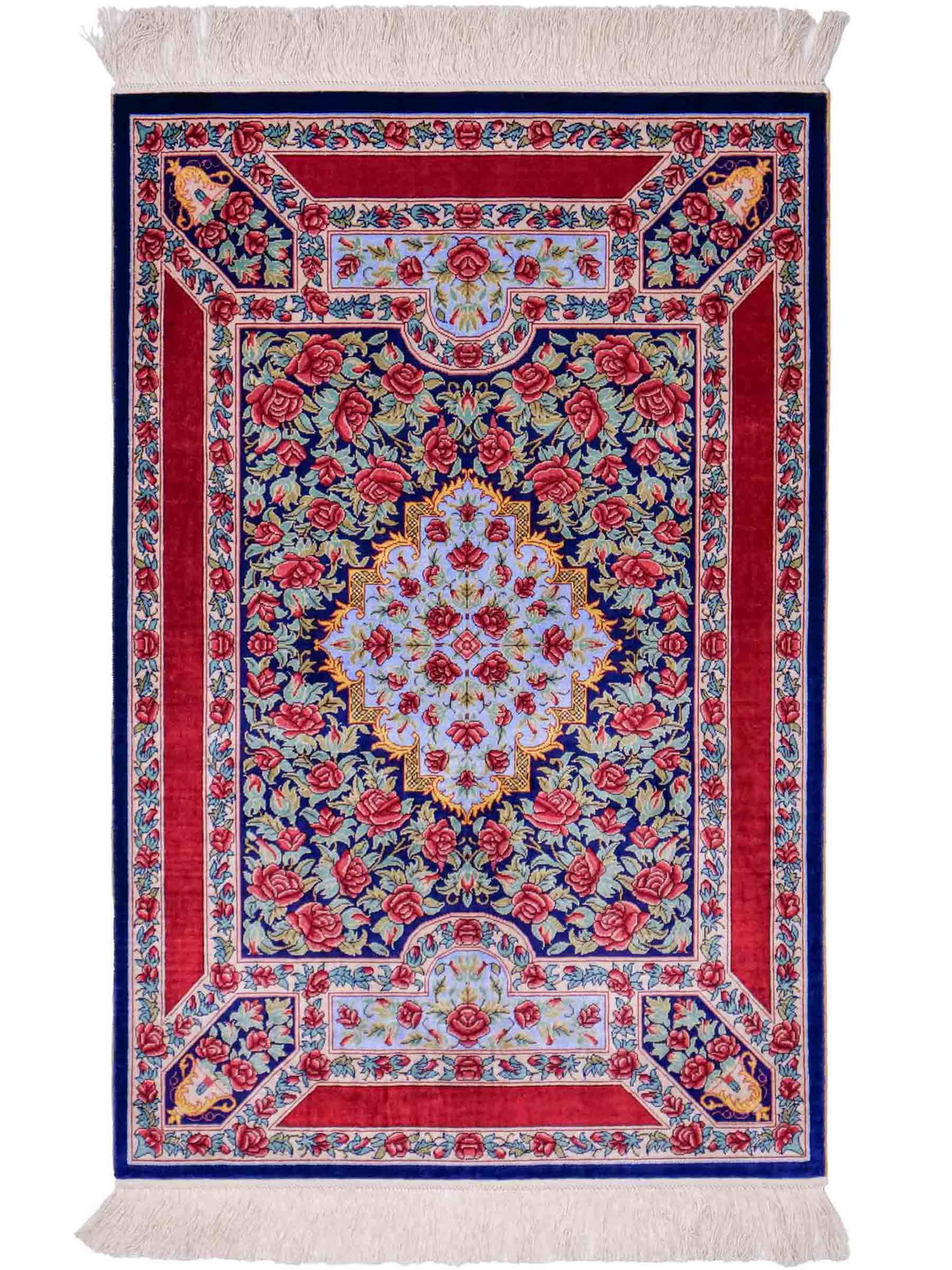 Sehr feiner, handgeknüpfter Khademi Orientteppich mit Ghom Design aus reiner Seide, blau, rot, grün. 94x63 cm. Vertrieb durch Jupiter Intl.