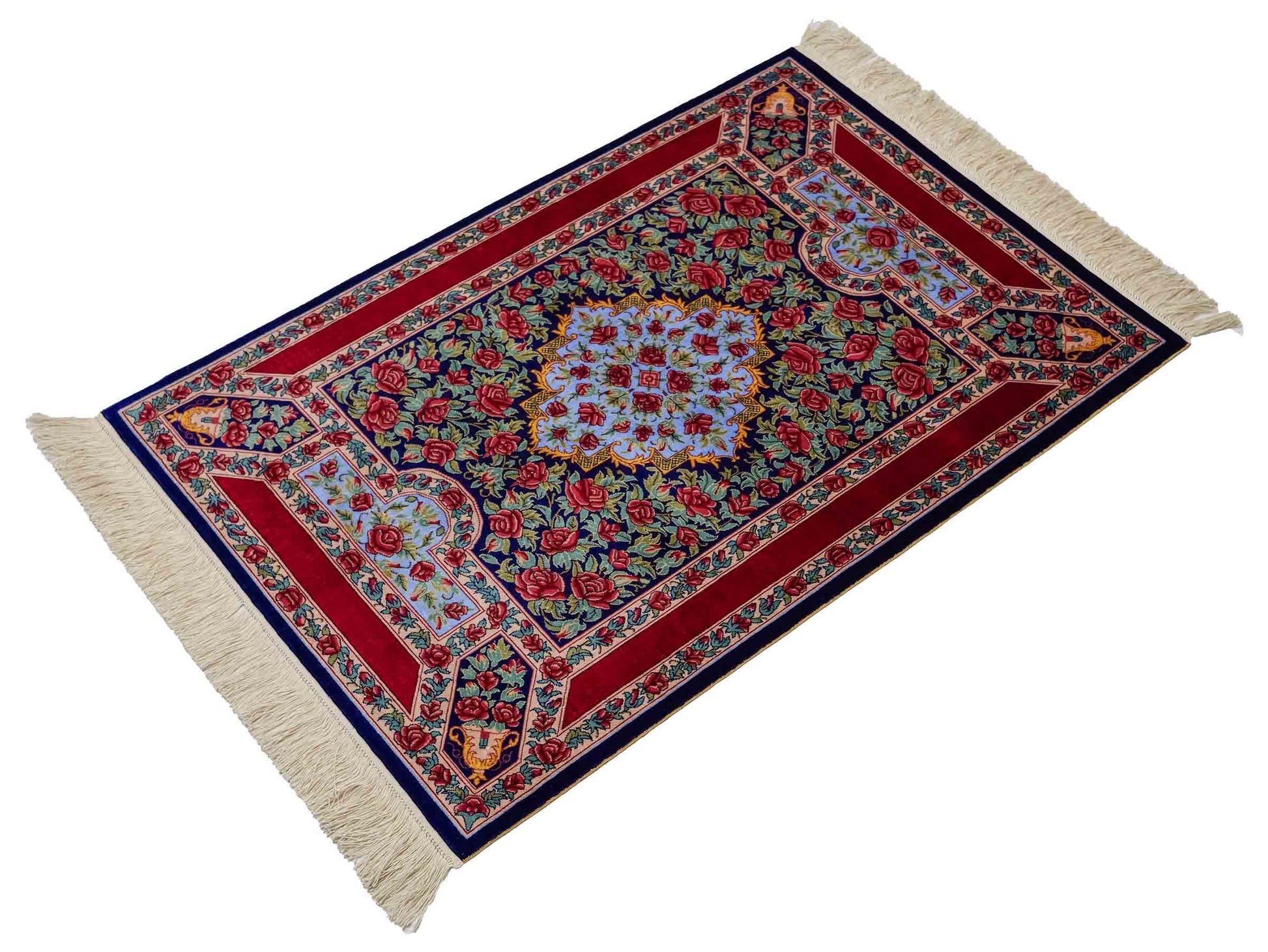 Sehr feiner, handgeknüpfter Khademi Orientteppich mit Ghom Design aus reiner Seide, blau, rot, grün. 94x63 cm. Vertrieb durch Jupiter Intl.