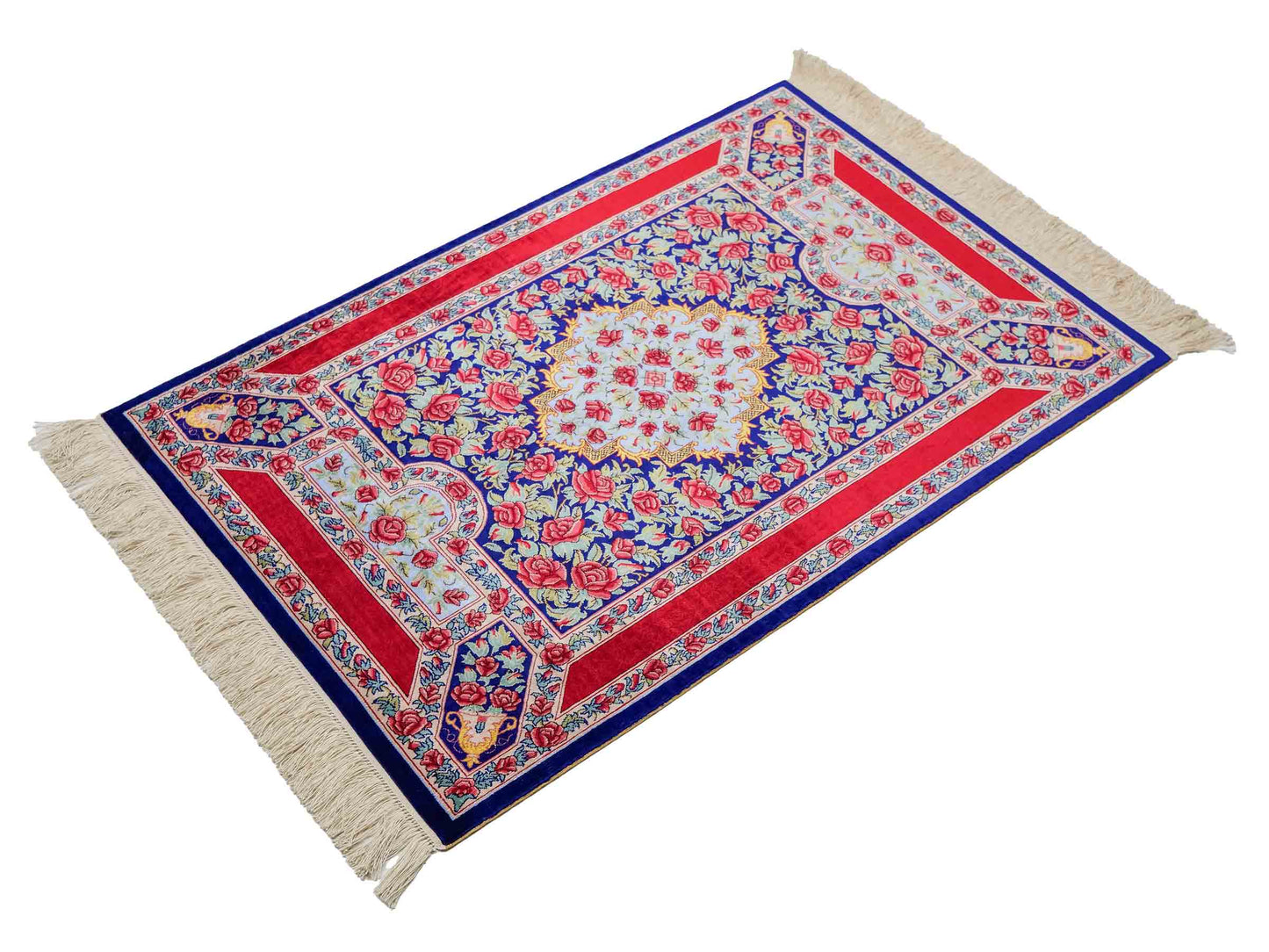 Sehr feiner, handgeknüpfter Khademi Orientteppich mit Ghom Design aus reiner Seide, blau, rot, grün. 94x63 cm. Vertrieb durch Jupiter Intl.