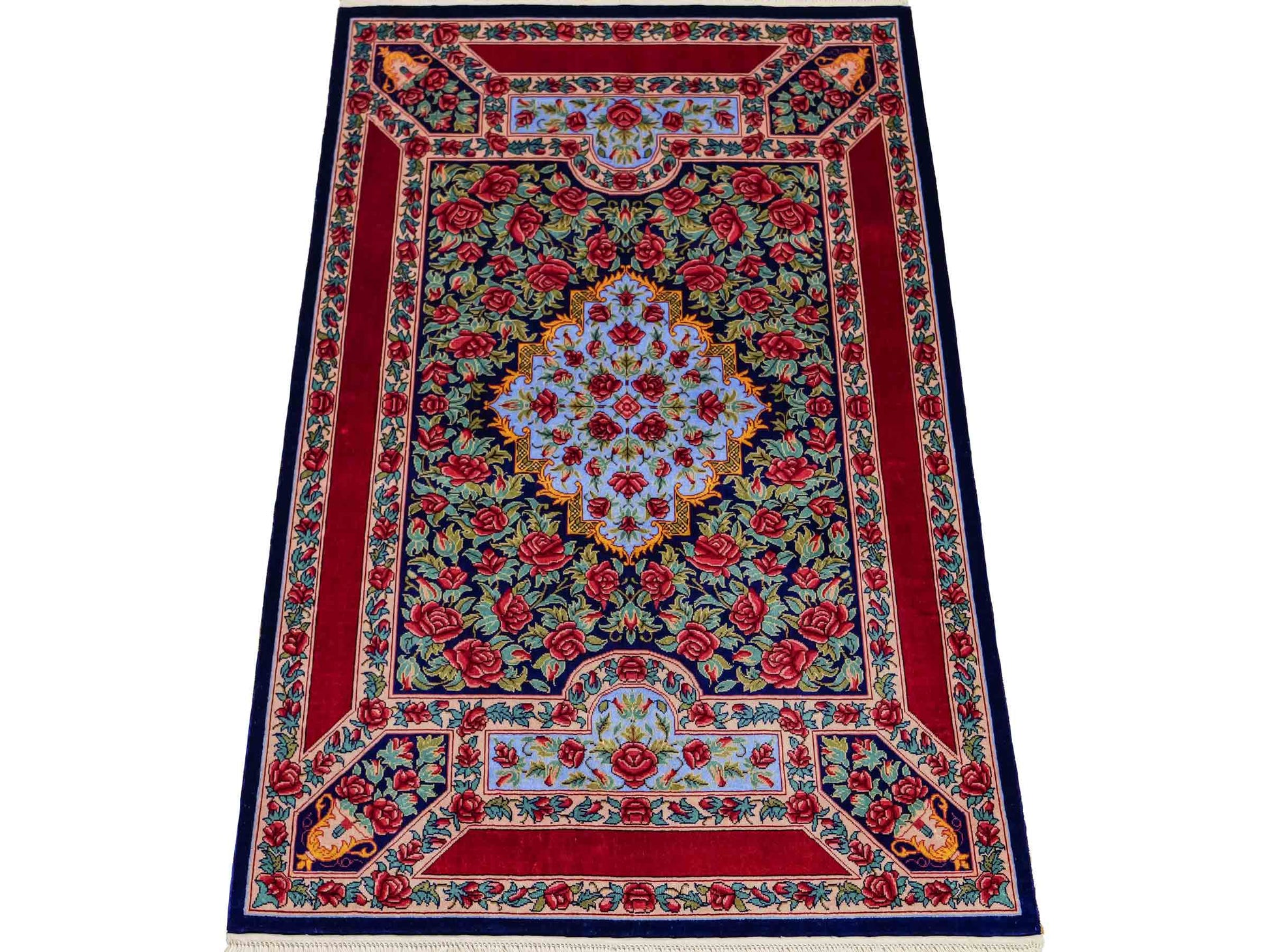 Sehr feiner, handgeknüpfter Khademi Orientteppich mit Ghom Design aus reiner Seide, blau, rot, grün. 94x63 cm. Vertrieb durch Jupiter Intl.