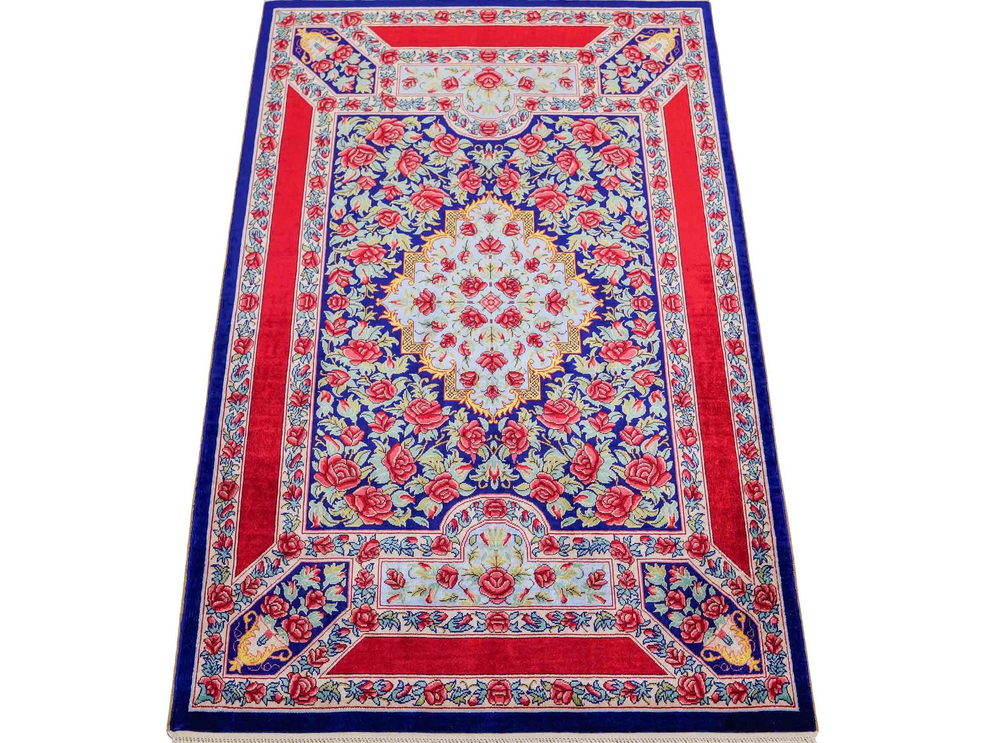 Sehr feiner, handgeknüpfter Khademi Orientteppich mit Ghom Design aus reiner Seide, blau, rot, grün. 94x63 cm. Vertrieb durch Jupiter Intl.