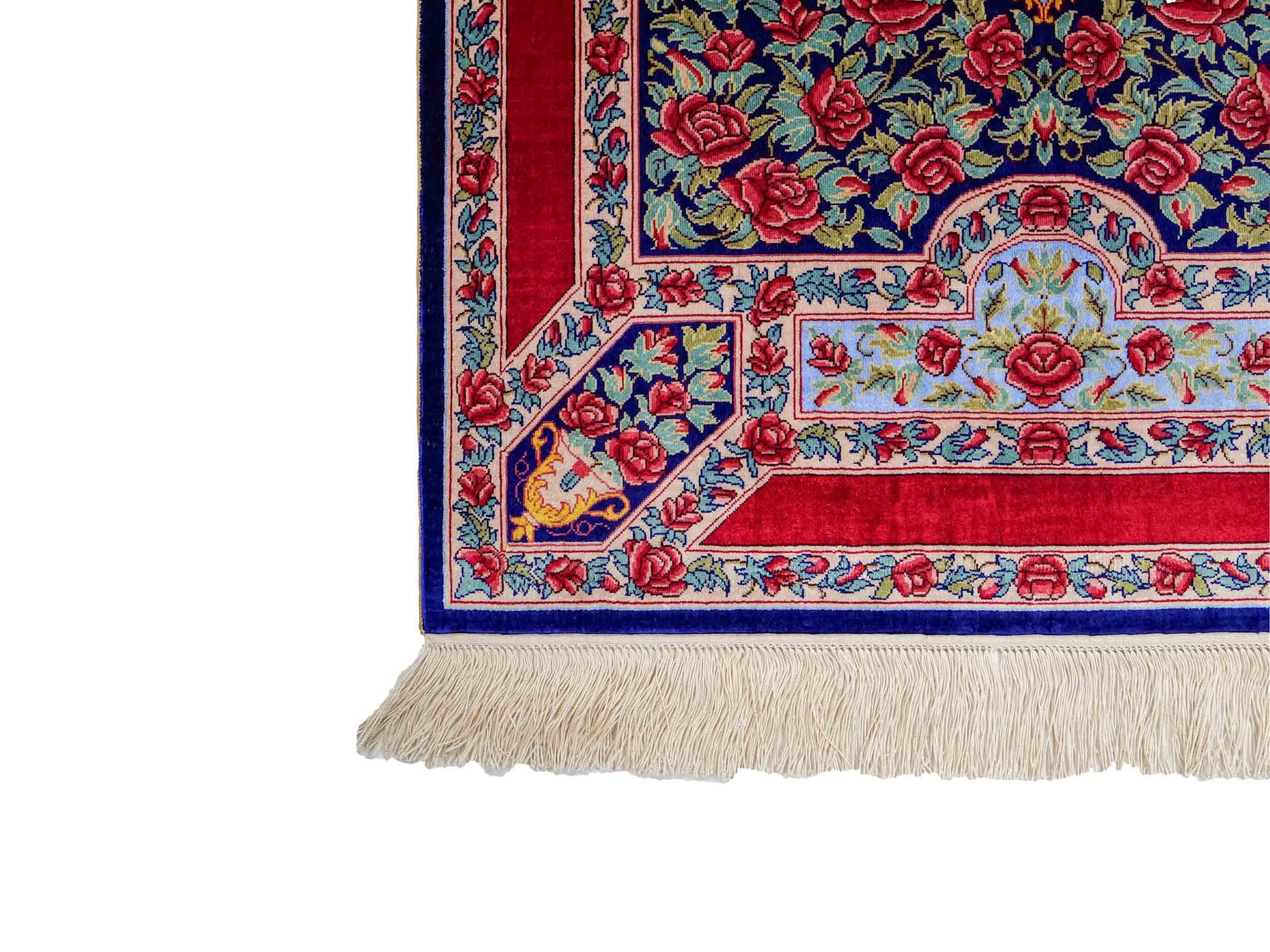 Sehr feiner, handgeknüpfter Khademi Orientteppich mit Ghom Design aus reiner Seide, blau, rot, grün. 94x63 cm. Vertrieb durch Jupiter Intl.