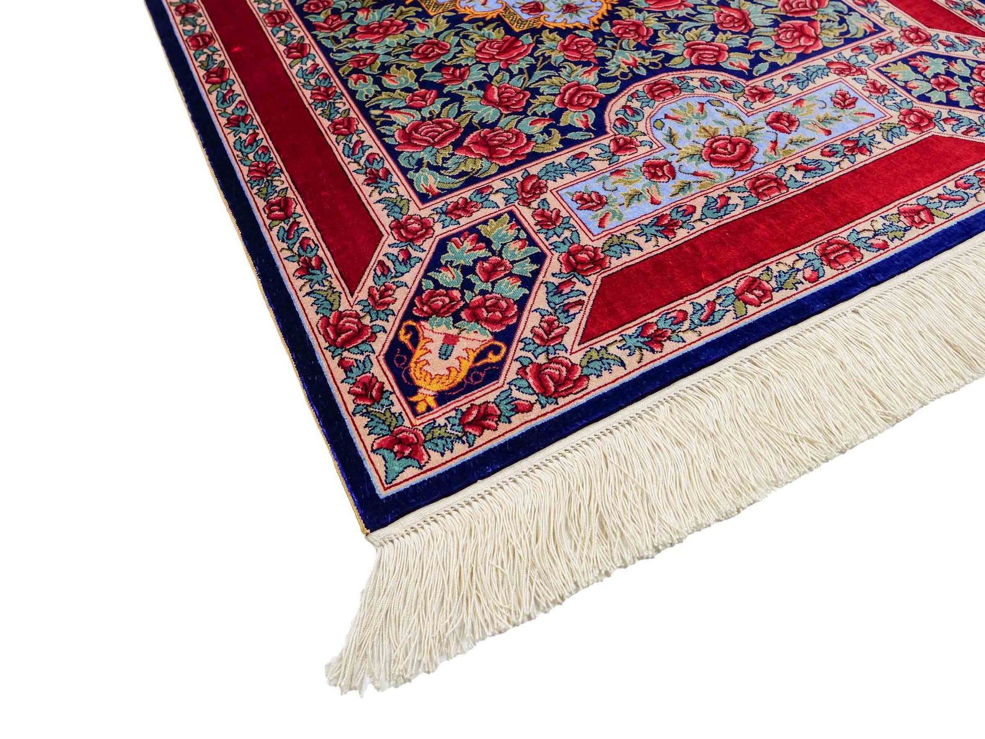 Sehr feiner, handgeknüpfter Khademi Orientteppich mit Ghom Design aus reiner Seide, blau, rot, grün. 94x63 cm. Vertrieb durch Jupiter Intl.