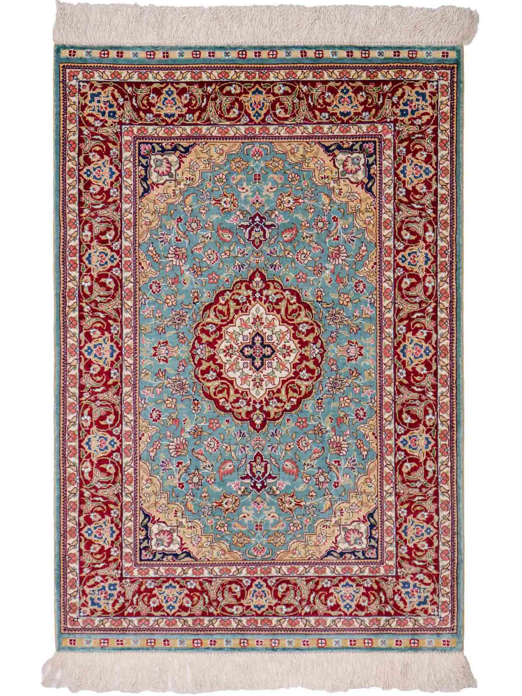 Sehr feiner, handgeknüpfter Khademi Orientteppich mit Ghom Design aus reiner Seide, blau, rot. 94x64 cm. Vertrieb durch Jupiter Intl.