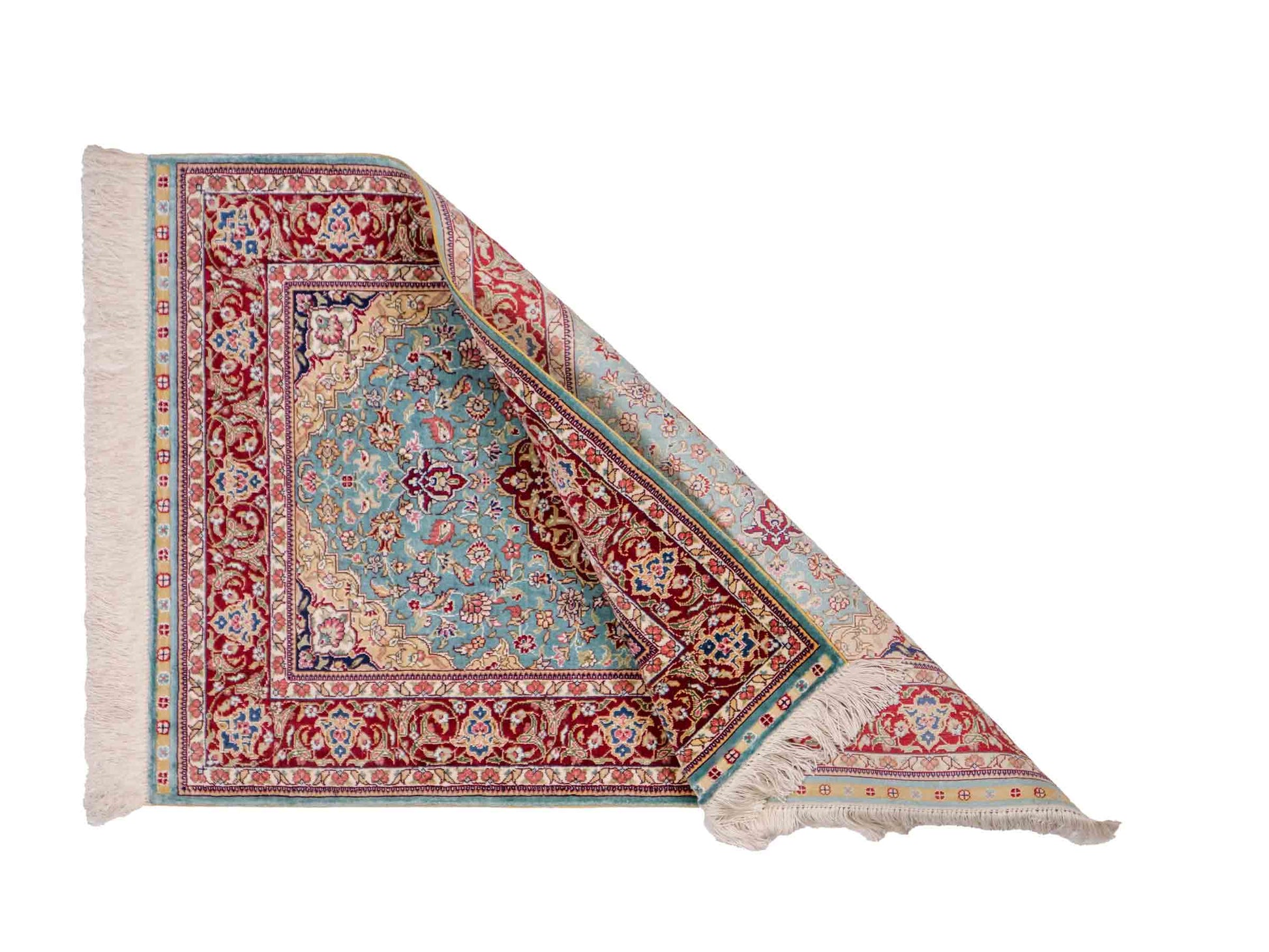 Sehr feiner, handgeknüpfter Khademi Orientteppich mit Ghom Design aus reiner Seide, blau, rot. 94x64 cm. Vertrieb durch Jupiter Intl.