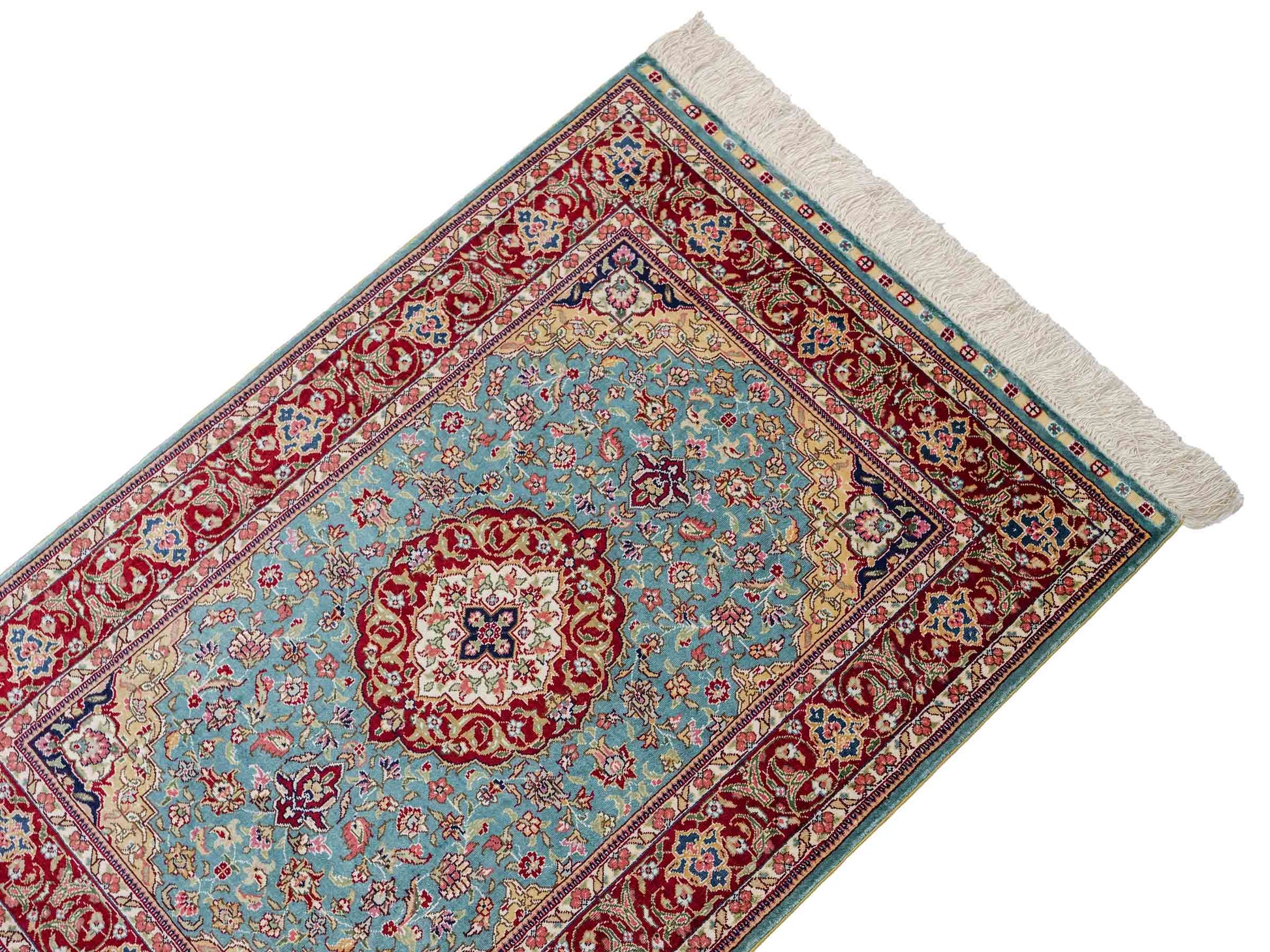 Sehr feiner, handgeknüpfter Khademi Orientteppich mit Ghom Design aus reiner Seide, blau, rot. 94x64 cm. Vertrieb durch Jupiter Intl.