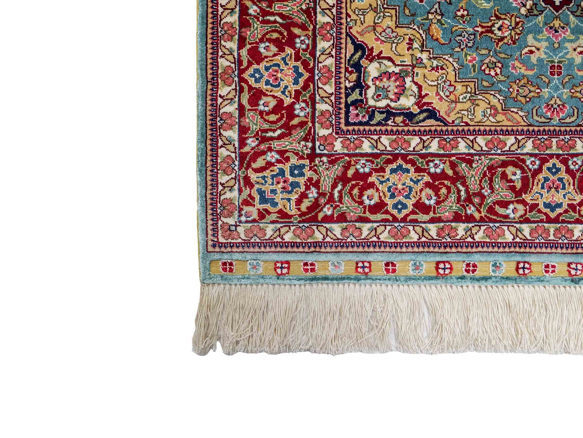 Sehr feiner, handgeknüpfter Khademi Orientteppich mit Ghom Design aus reiner Seide, blau, rot. 94x64 cm. Vertrieb durch Jupiter Intl.