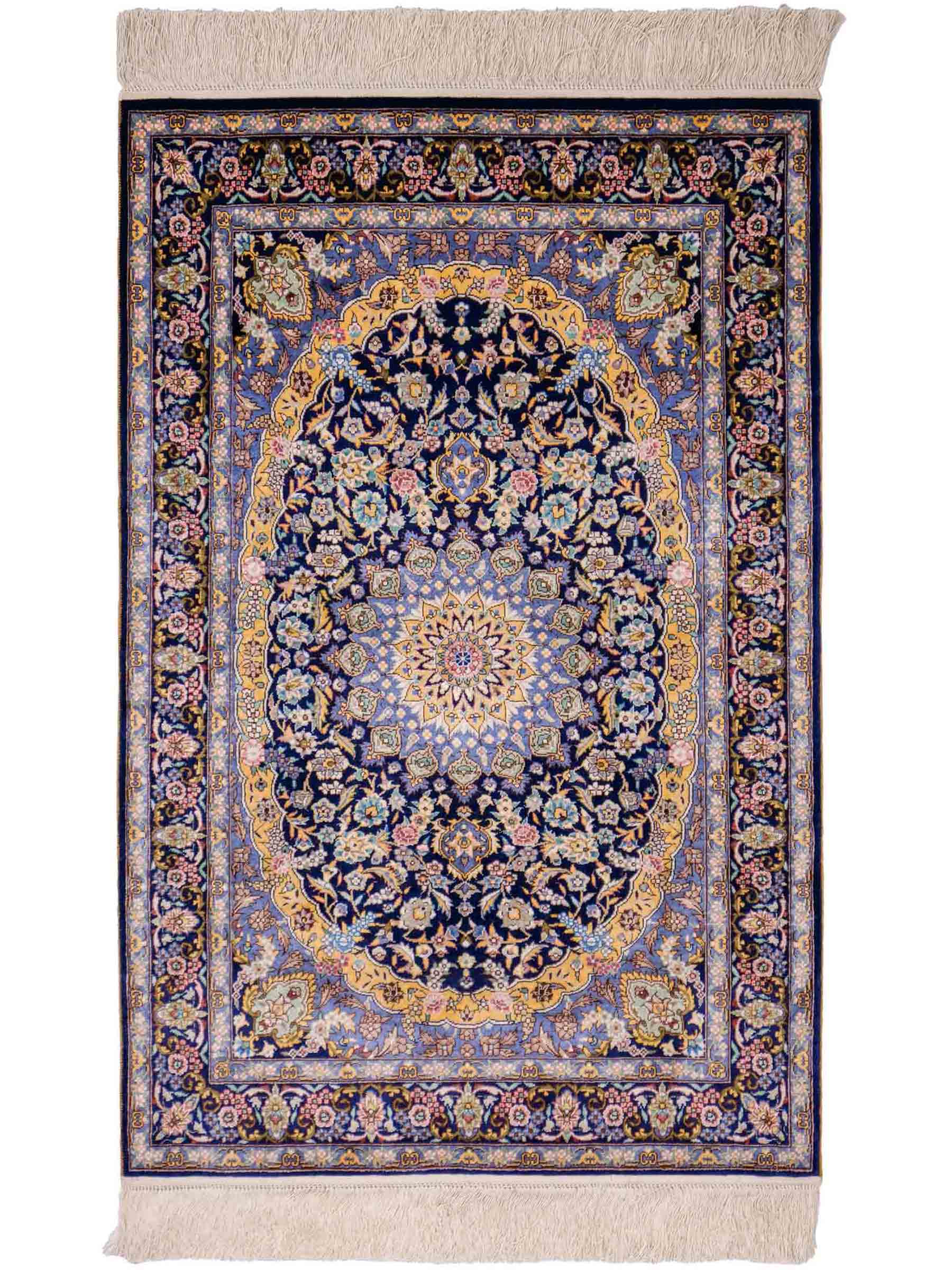 Sehr feiner, handgeknüpfter Khademi Orientteppich mit Ghom Design aus reiner Seide, blau, gelb. 95x62 cm. Vertrieb durch Jupiter Intl.