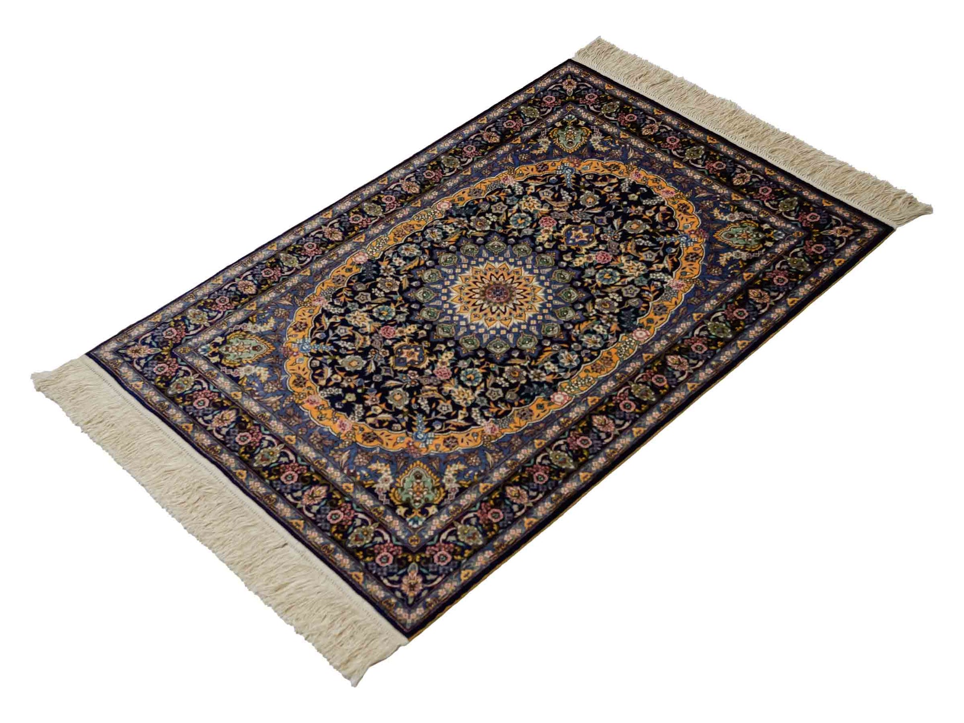 Sehr feiner, handgeknüpfter Khademi Orientteppich mit Ghom Design aus reiner Seide, blau, gelb. 95x62 cm. Vertrieb durch Jupiter Intl.