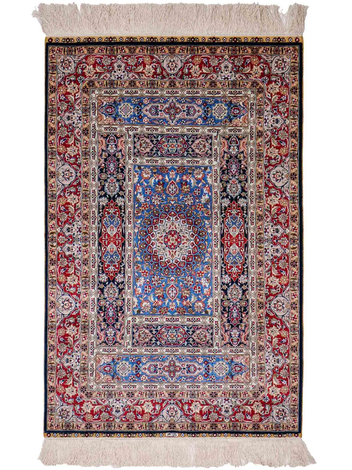 Sehr feiner, handgeknüpfter Khademi Orientteppich mit Ghom Design aus reiner Seide, blau, multicolor. 95x62 cm. Vertrieb durch Jupiter Intl.
