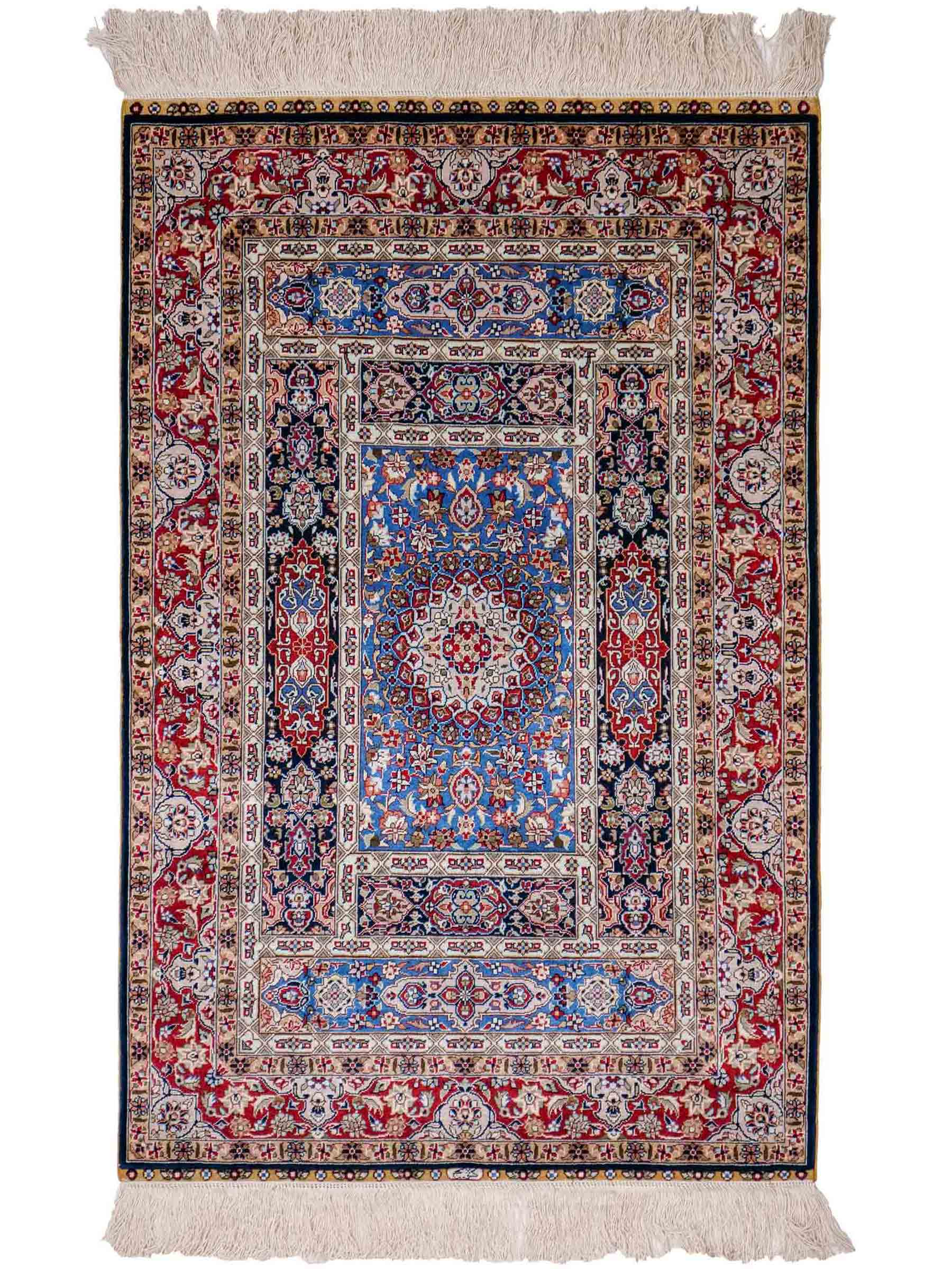 Sehr feiner, handgeknüpfter Khademi Orientteppich mit Ghom Design aus reiner Seide, blau, multicolor. 95x62 cm. Vertrieb durch Jupiter Intl.