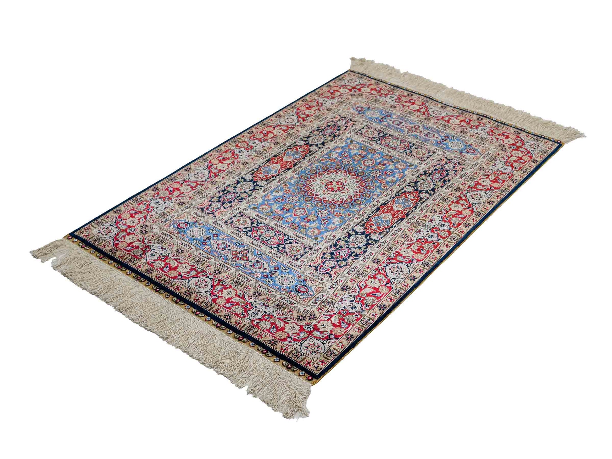 Sehr feiner, handgeknüpfter Khademi Orientteppich mit Ghom Design aus reiner Seide, blau, multicolor. 95x62 cm. Vertrieb durch Jupiter Intl.