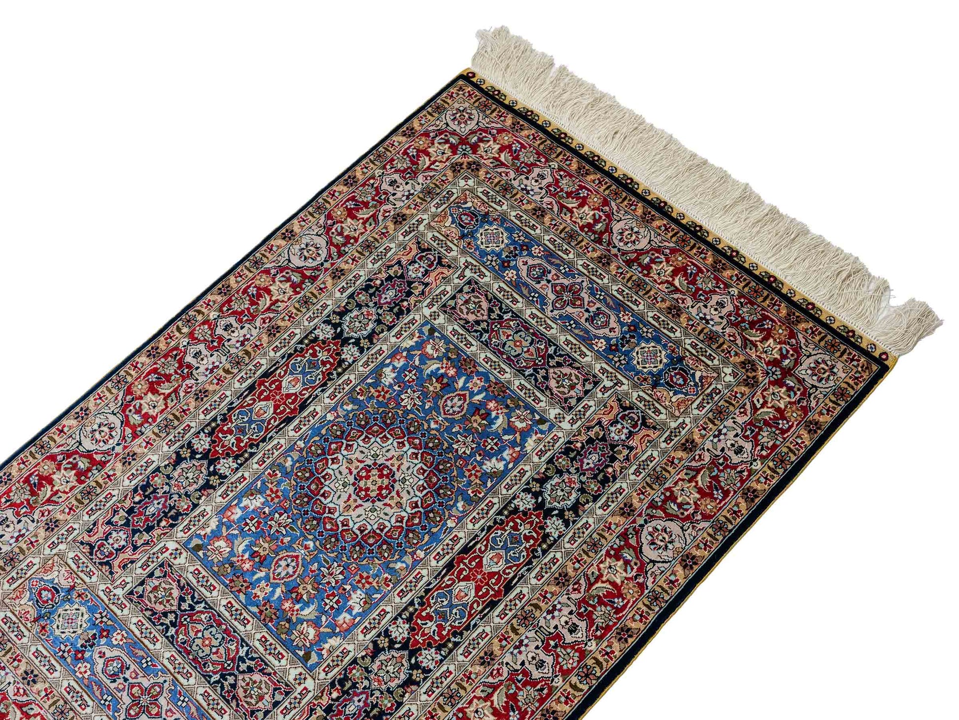 Sehr feiner, handgeknüpfter Khademi Orientteppich mit Ghom Design aus reiner Seide, blau, multicolor. 95x62 cm. Vertrieb durch Jupiter Intl.