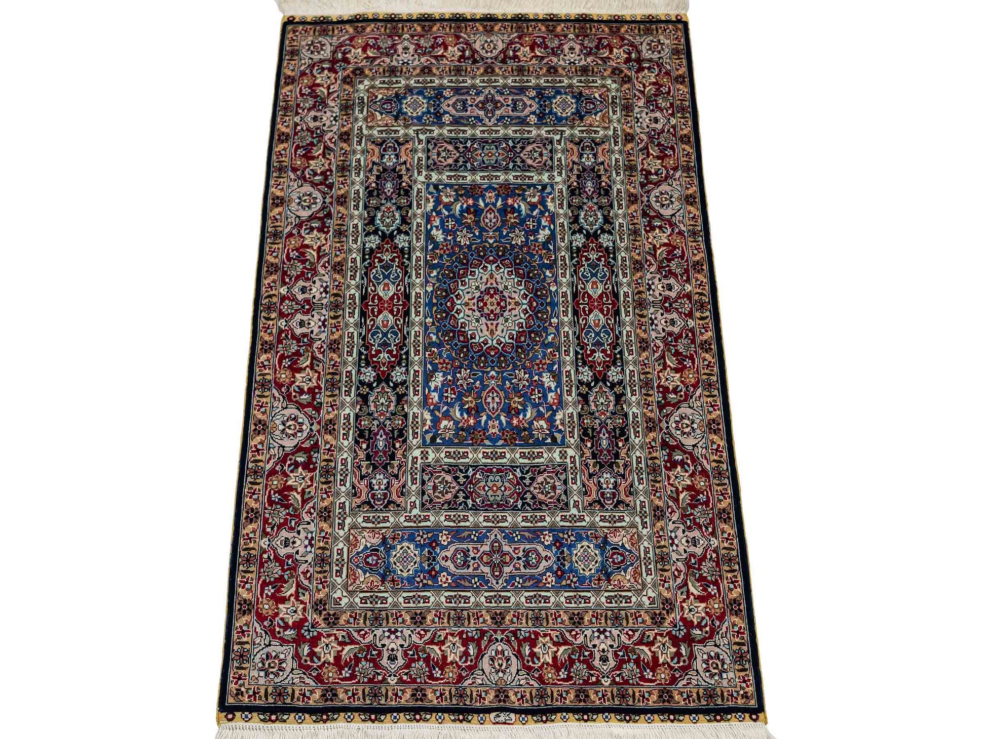 Sehr feiner, handgeknüpfter Khademi Orientteppich mit Ghom Design aus reiner Seide, blau, multicolor. 95x62 cm. Vertrieb durch Jupiter Intl.