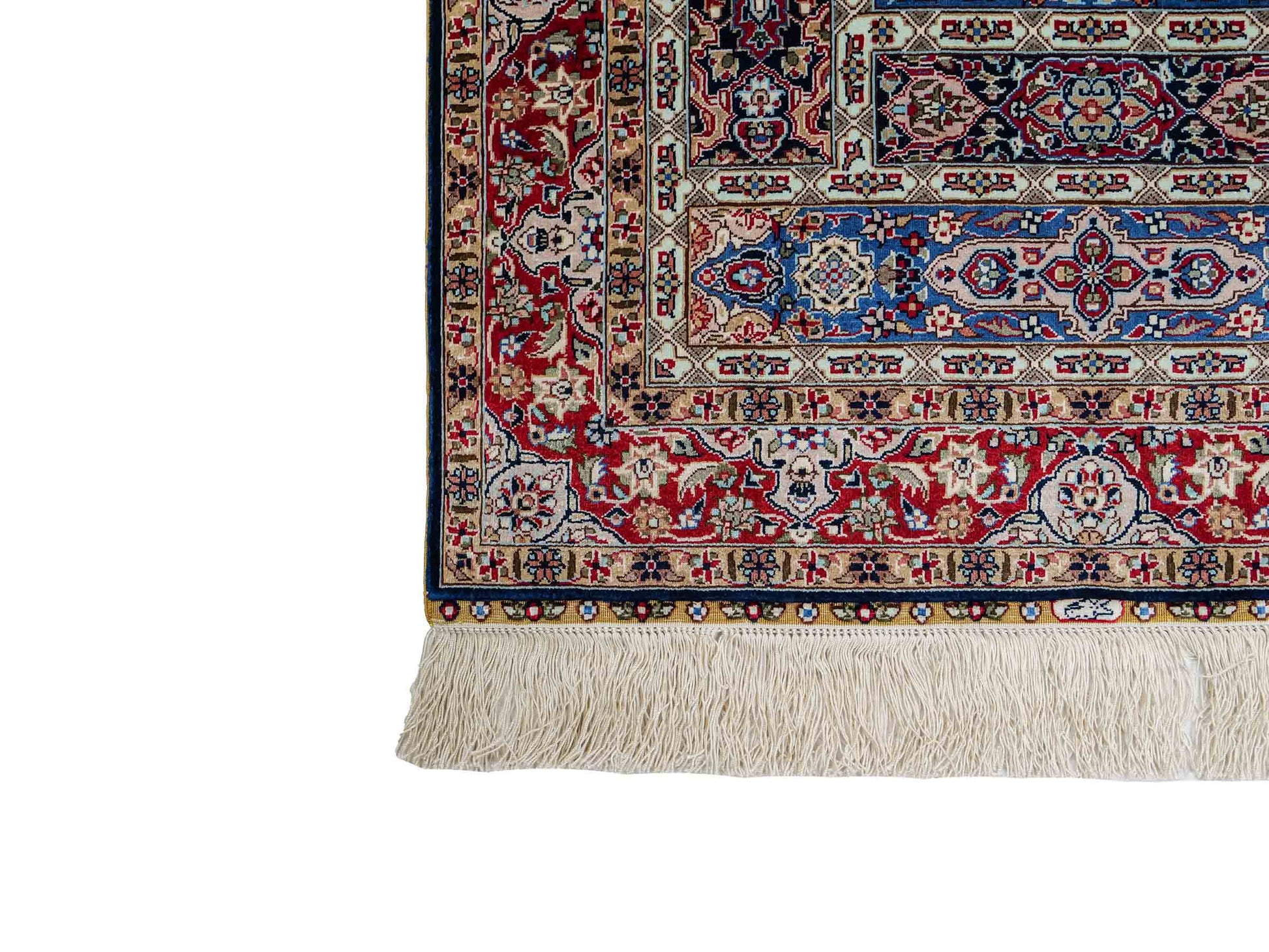 Sehr feiner, handgeknüpfter Khademi Orientteppich mit Ghom Design aus reiner Seide, blau, multicolor. 95x62 cm. Vertrieb durch Jupiter Intl.
