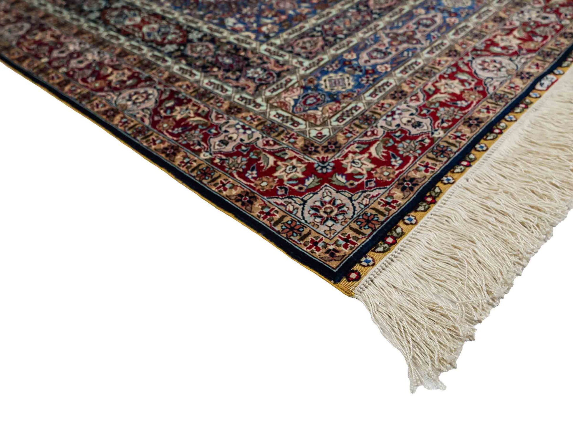 Sehr feiner, handgeknüpfter Khademi Orientteppich mit Ghom Design aus reiner Seide, blau, multicolor. 95x62 cm. Vertrieb durch Jupiter Intl.
