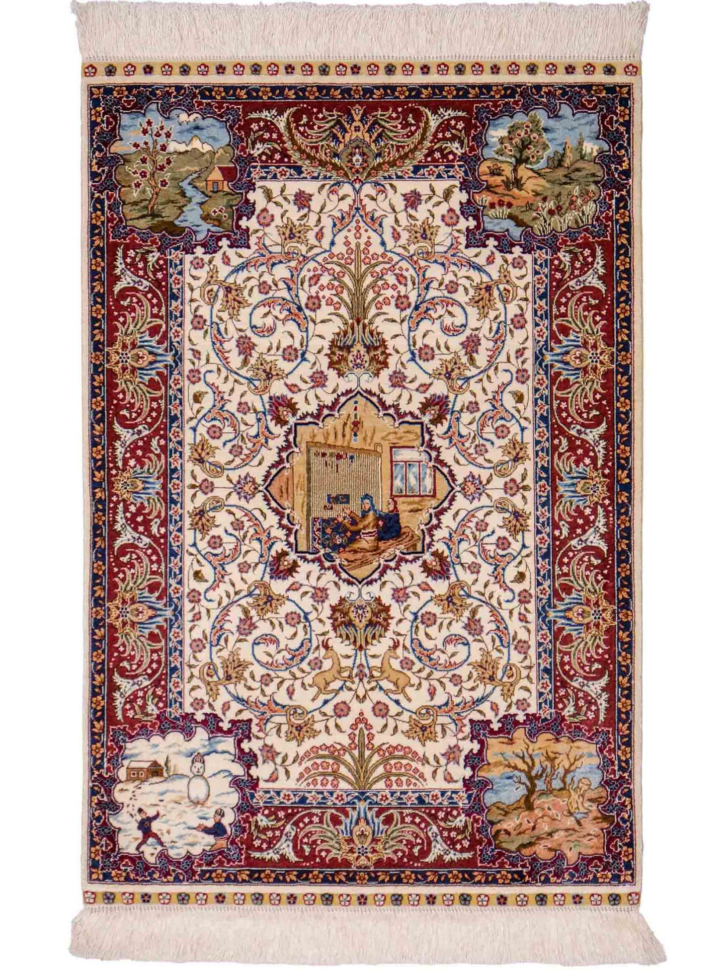 Sehr feiner, handgeknüpfter Khademi Orientteppich mit Ghom Design aus reiner Seide, creme, weiß, rot. 95x63 cm. Vertrieb durch Jupiter Intl.