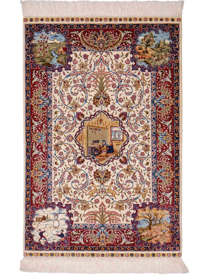 Sehr feiner, handgeknüpfter Khademi Orientteppich mit Ghom Design aus reiner Seide, creme, weiß, rot. 95x63 cm. Vertrieb durch Jupiter Intl.