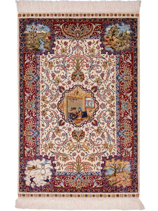 Sehr feiner, handgeknüpfter Khademi Orientteppich mit Ghom Design aus reiner Seide, creme, weiß, rot. 95x63 cm. Vertrieb durch Jupiter Intl.