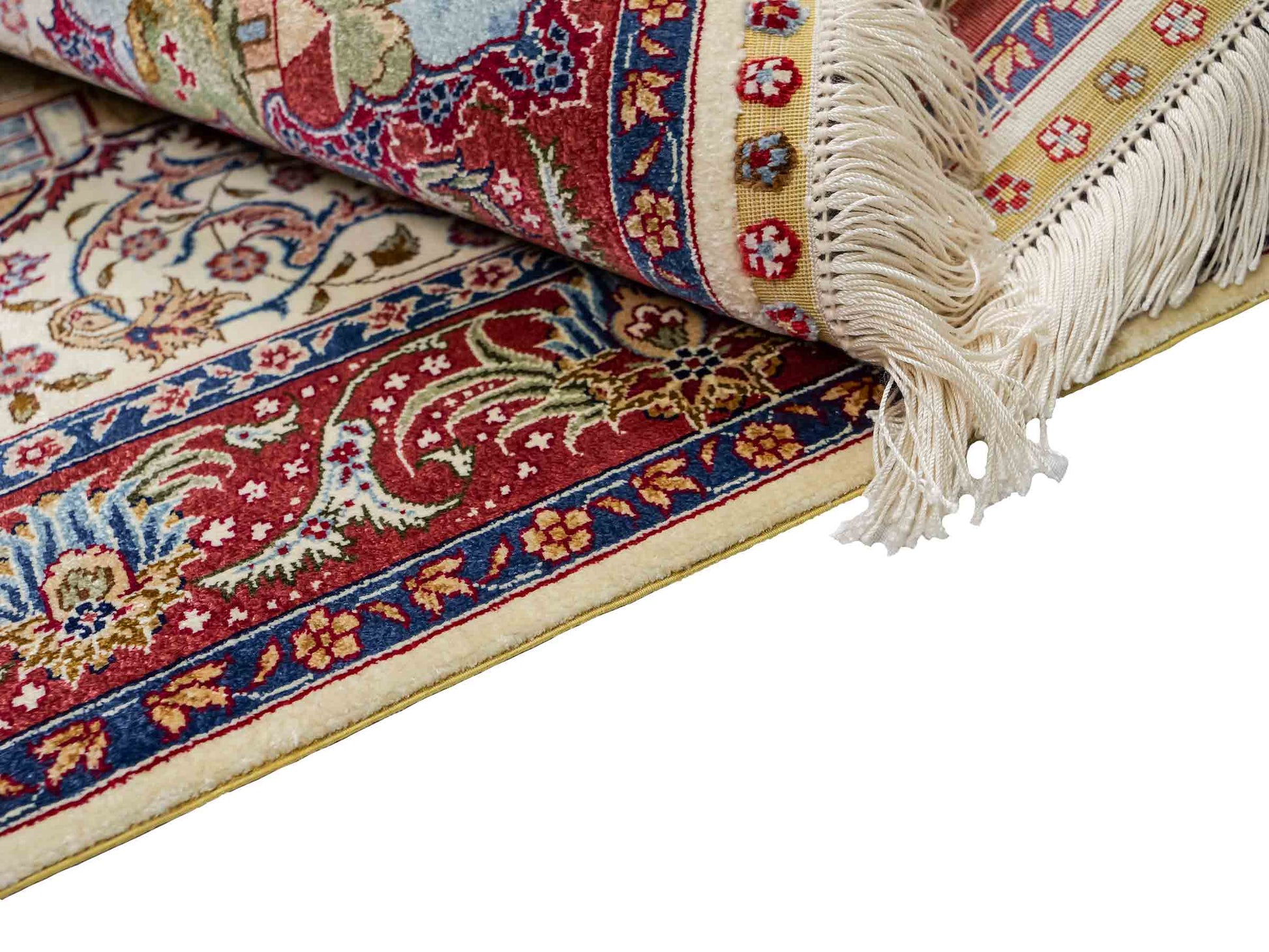 Sehr feiner, handgeknüpfter Khademi Orientteppich mit Ghom Design aus reiner Seide, creme, weiß, rot. 95x63 cm. Vertrieb durch Jupiter Intl.