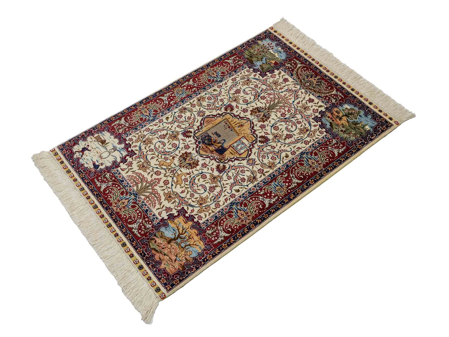 Sehr feiner, handgeknüpfter Khademi Orientteppich mit Ghom Design aus reiner Seide, creme, weiß, rot. 95x63 cm. Vertrieb durch Jupiter Intl.
