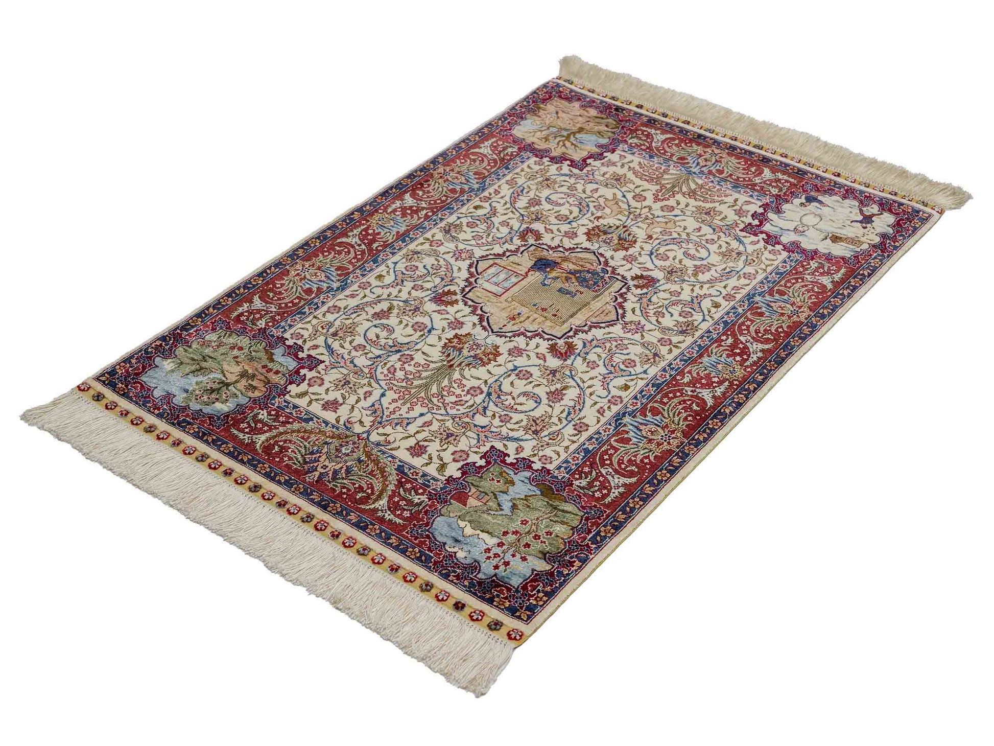 Sehr feiner, handgeknüpfter Khademi Orientteppich mit Ghom Design aus reiner Seide, creme, weiß, rot. 95x63 cm. Vertrieb durch Jupiter Intl.