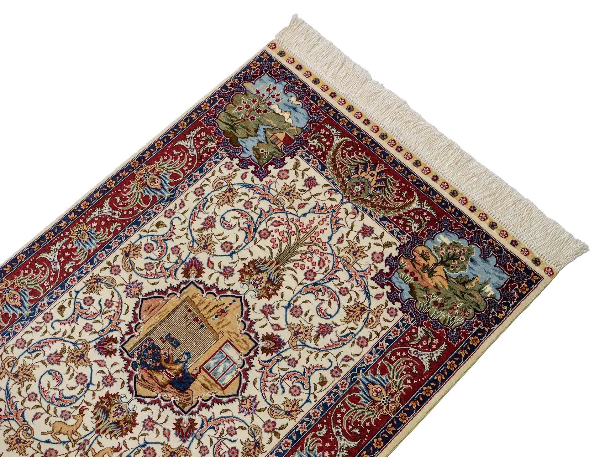 Sehr feiner, handgeknüpfter Khademi Orientteppich mit Ghom Design aus reiner Seide, creme, weiß, rot. 95x63 cm. Vertrieb durch Jupiter Intl.