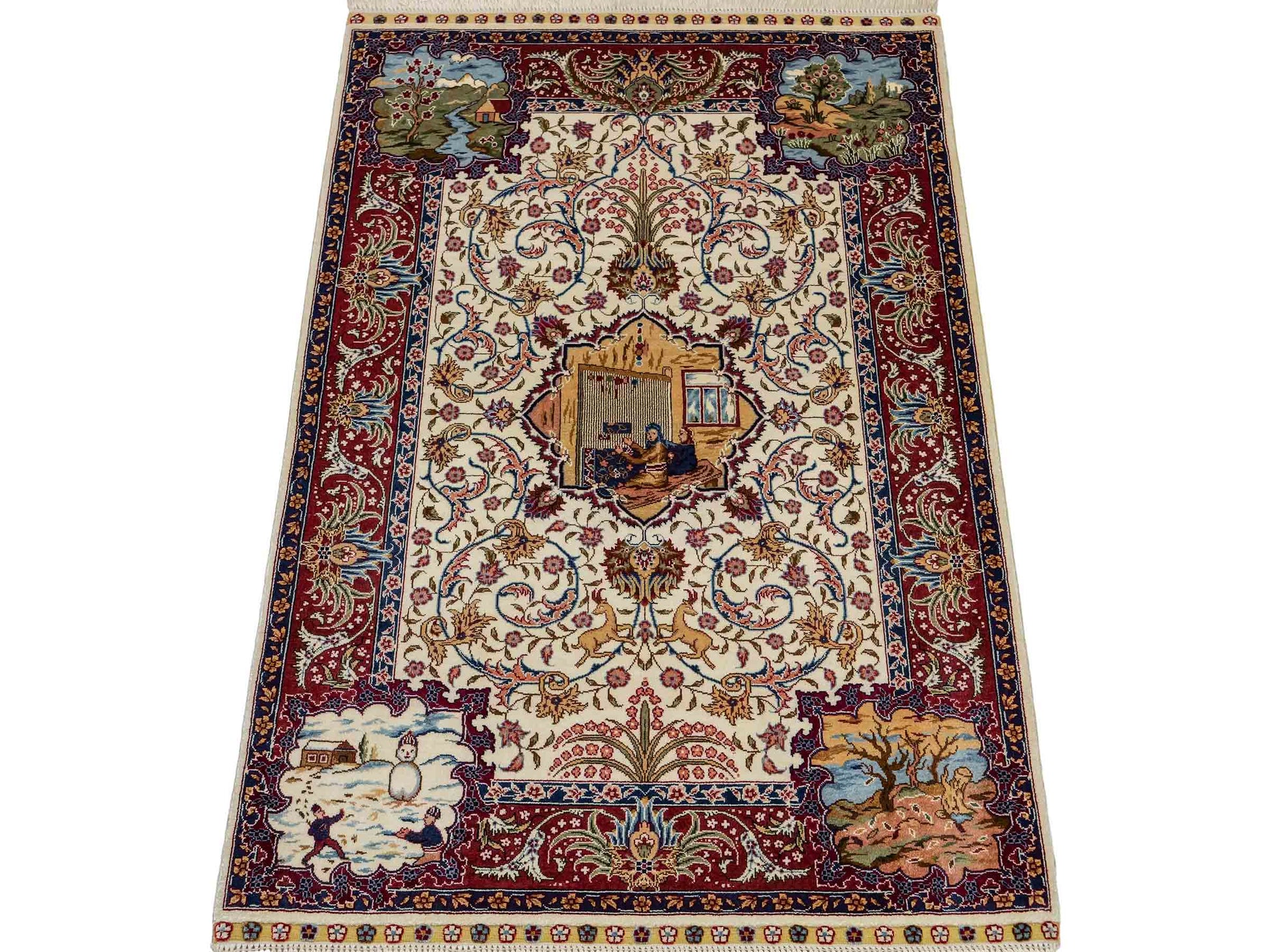 Sehr feiner, handgeknüpfter Khademi Orientteppich mit Ghom Design aus reiner Seide, creme, weiß, rot. 95x63 cm. Vertrieb durch Jupiter Intl.