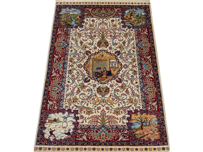 Sehr feiner, handgeknüpfter Khademi Orientteppich mit Ghom Design aus reiner Seide, creme, weiß, rot. 95x63 cm. Vertrieb durch Jupiter Intl.