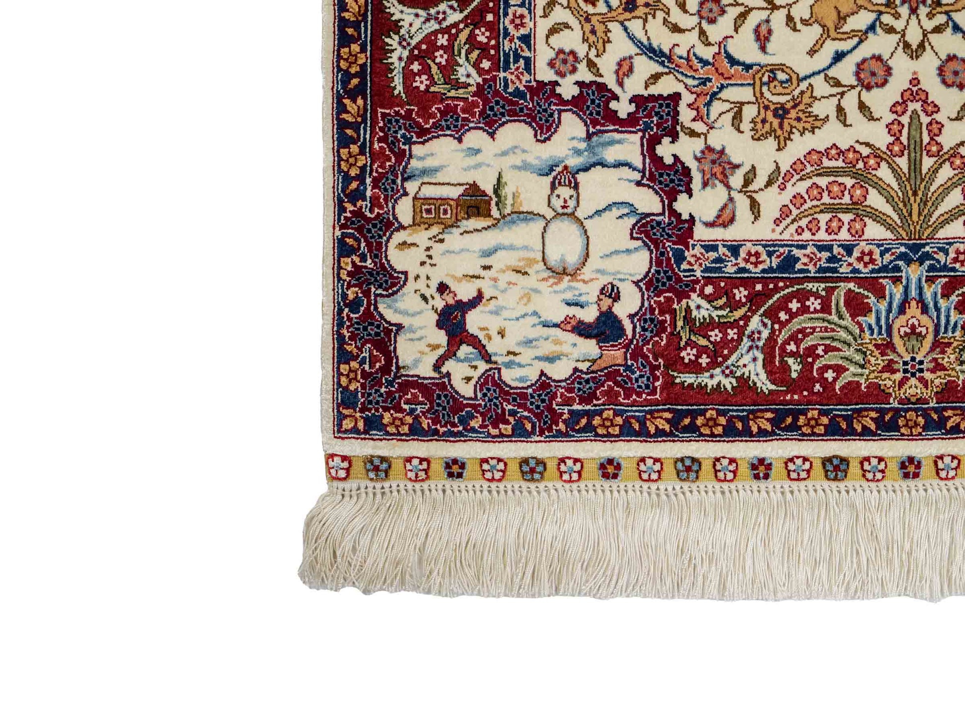 Sehr feiner, handgeknüpfter Khademi Orientteppich mit Ghom Design aus reiner Seide, creme, weiß, rot. 95x63 cm. Vertrieb durch Jupiter Intl.
