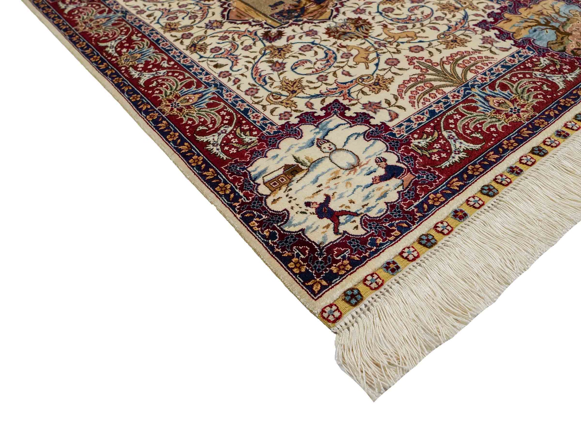 Sehr feiner, handgeknüpfter Khademi Orientteppich mit Ghom Design aus reiner Seide, creme, weiß, rot. 95x63 cm. Vertrieb durch Jupiter Intl.