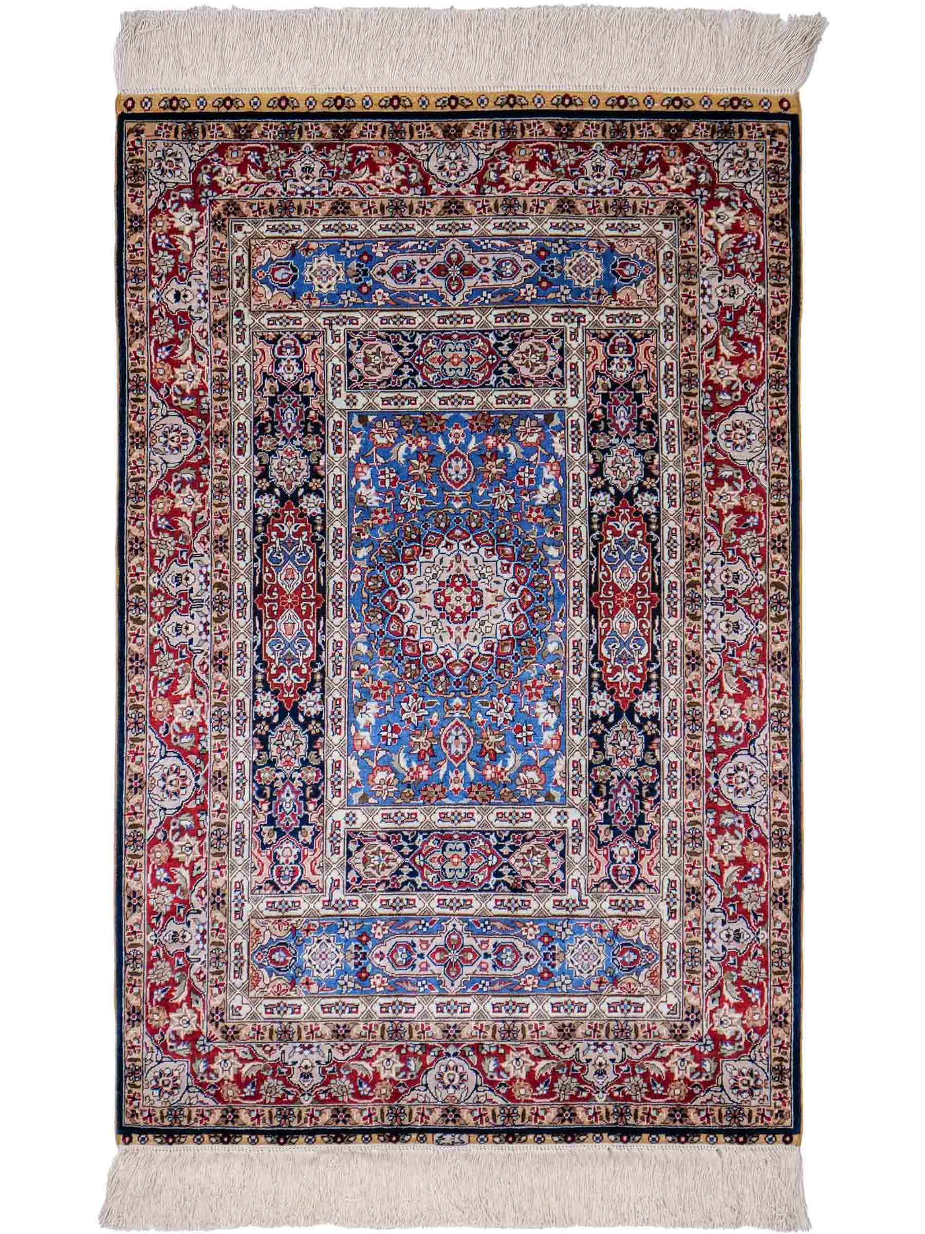 Sehr feiner, handgeknüpfter Khademi Orientteppich mit Ghom Design aus reiner Seide, blau,  multicolor. 96x62 cm. Vertrieb durch Jupiter Intl.