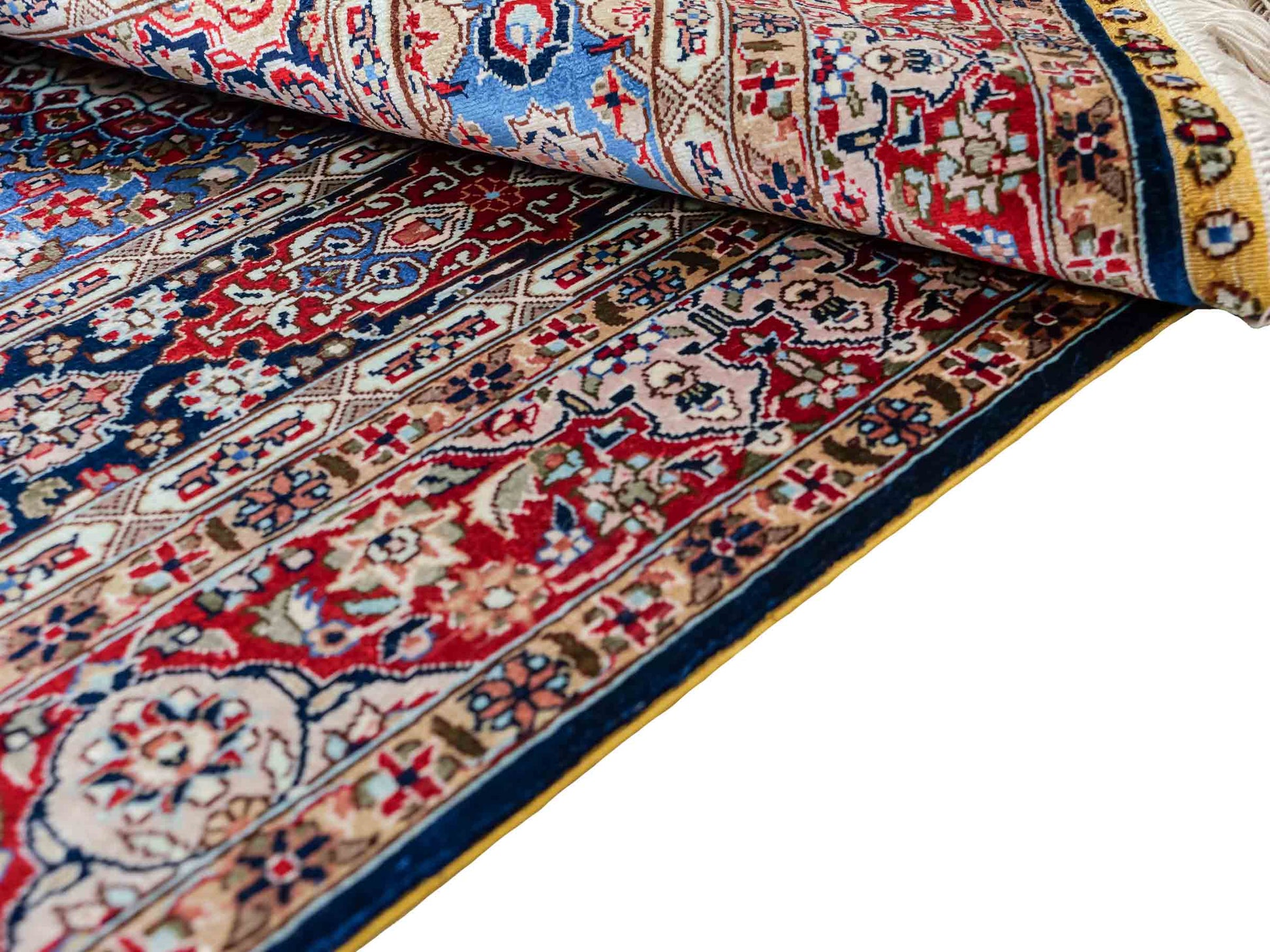 Sehr feiner, handgeknüpfter Khademi Orientteppich mit Ghom Design aus reiner Seide, blau,  multicolor. 96x62 cm. Vertrieb durch Jupiter Intl.