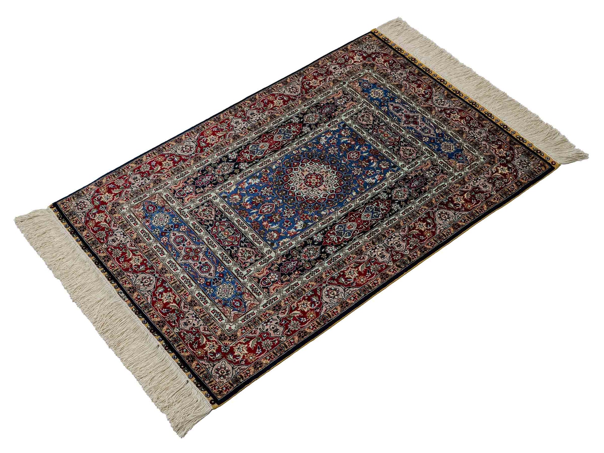 Sehr feiner, handgeknüpfter Khademi Orientteppich mit Ghom Design aus reiner Seide, blau,  multicolor. 96x62 cm. Vertrieb durch Jupiter Intl.